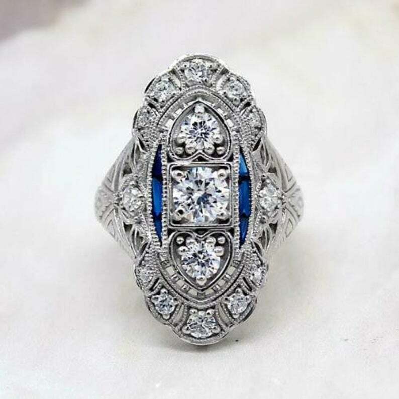 Art Deco Style Lab-Created Diamond & Sapphire Engagement Ring 14K White Gold FN