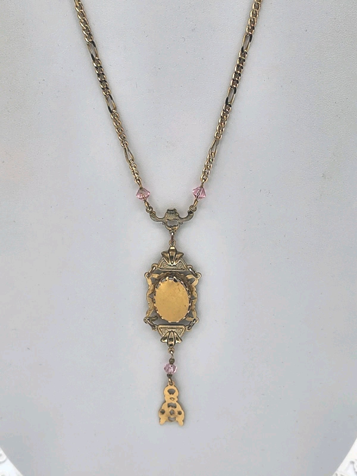 1928 Victorian Deco Porcelain Rose Pink Crystal Pendant Necklace 23″