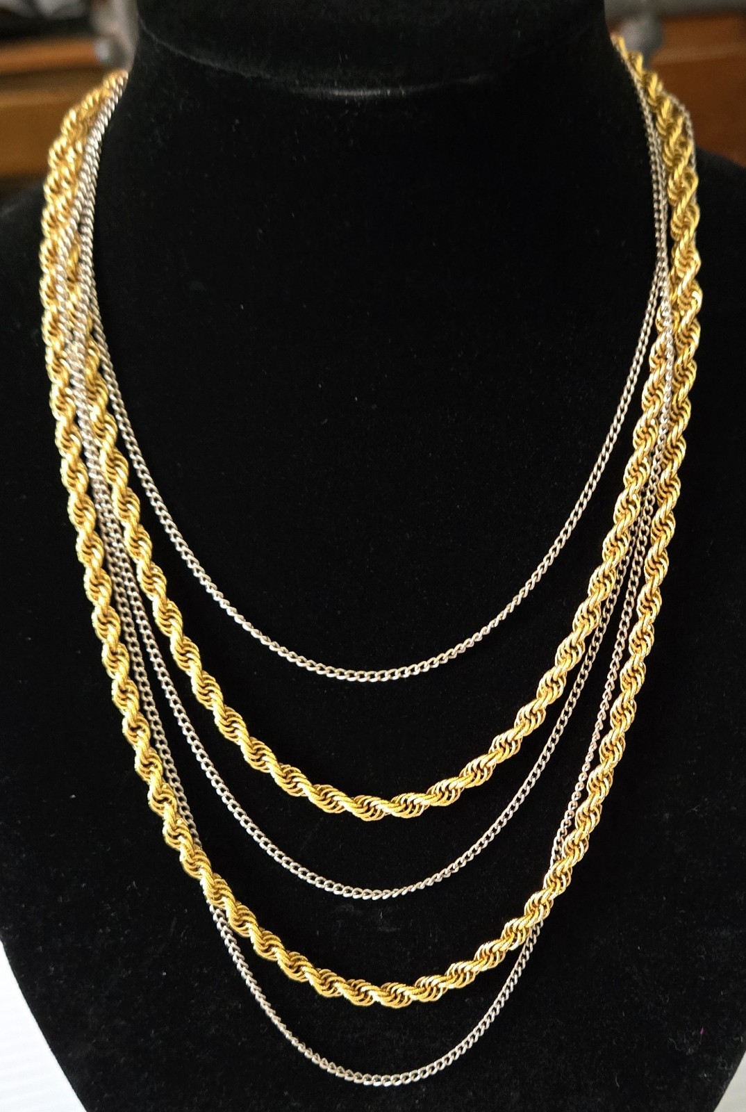 Vintage Gold Silver Tone Multi Strand Rope Chain Statement Necklace 1980s