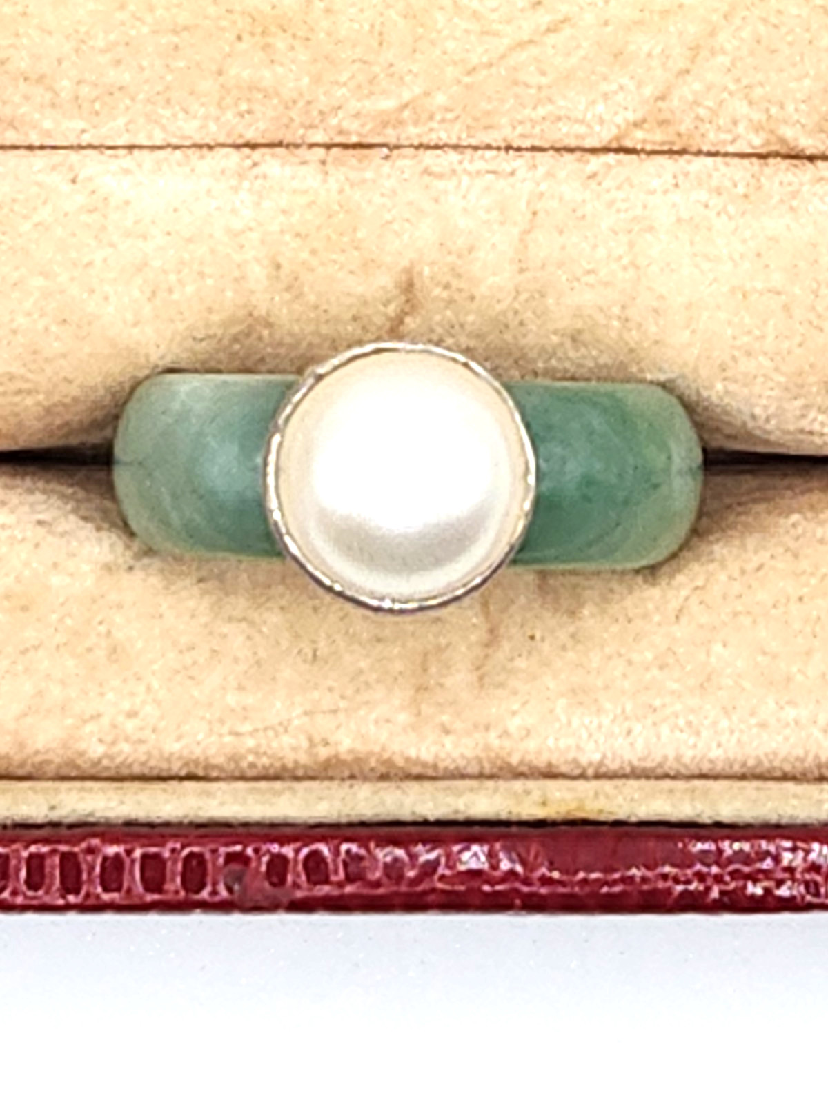 Vintage 925 China Green Jade Jadeite 6.5 Mm Pearl Ring Statement Piece Runway