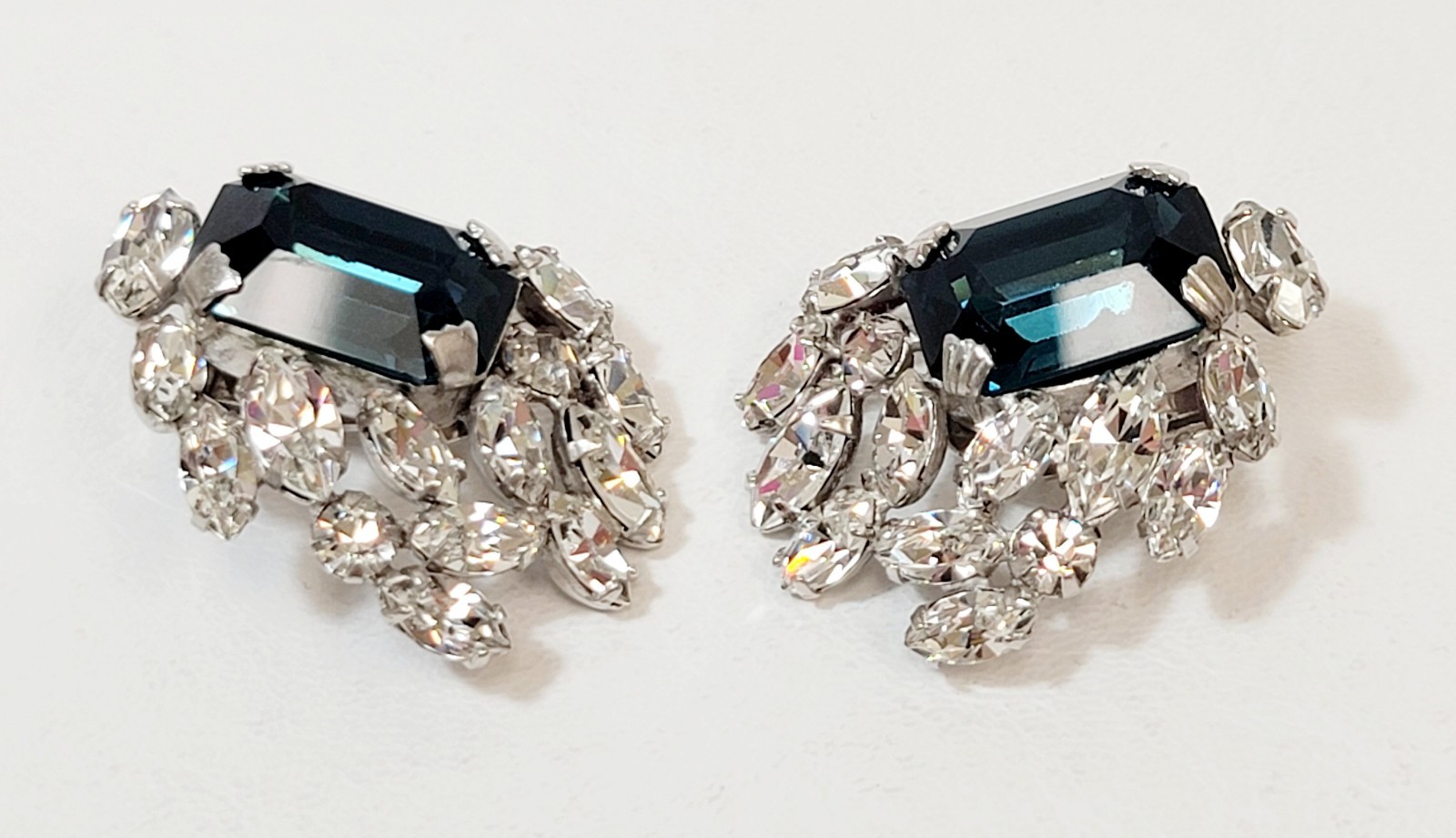 Vintage Schreiner Earrings Blue Rectangle Clear Rhinestones Gorgeous!