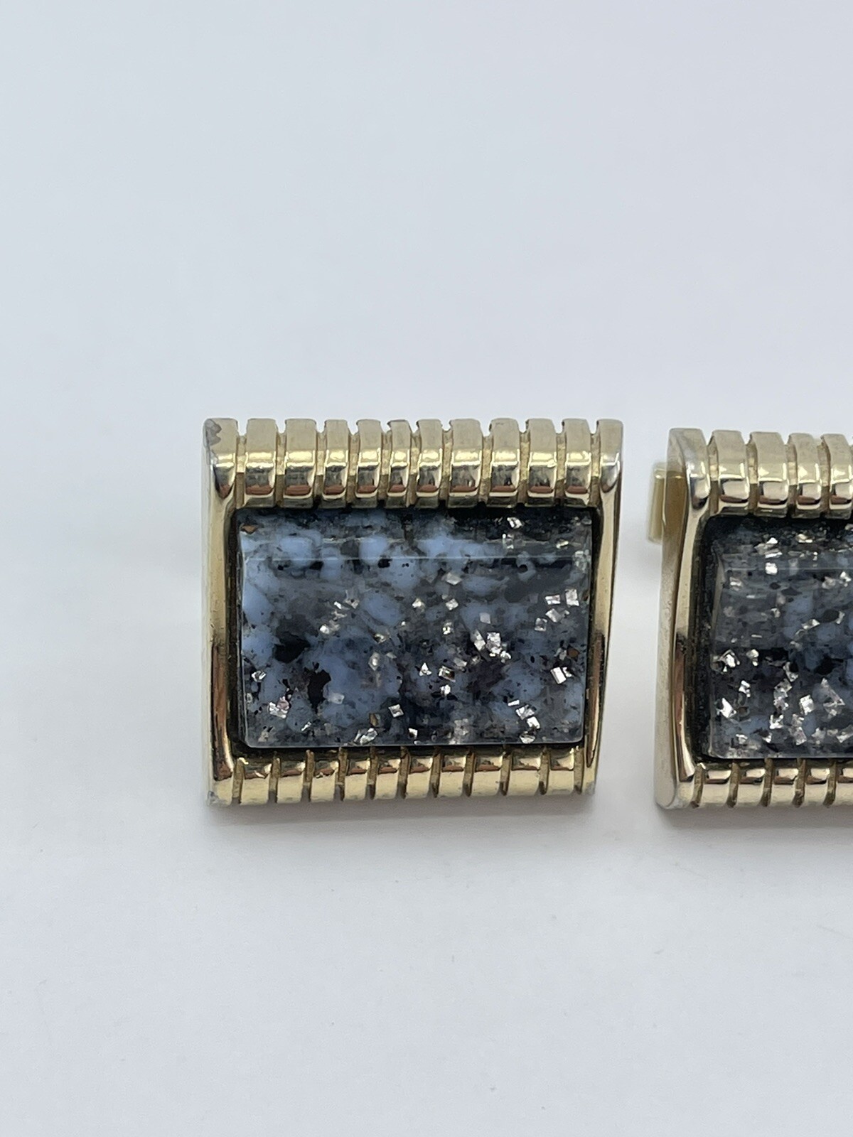 Cufflinks and Tie Clip Set concave glass rectangle gold tone