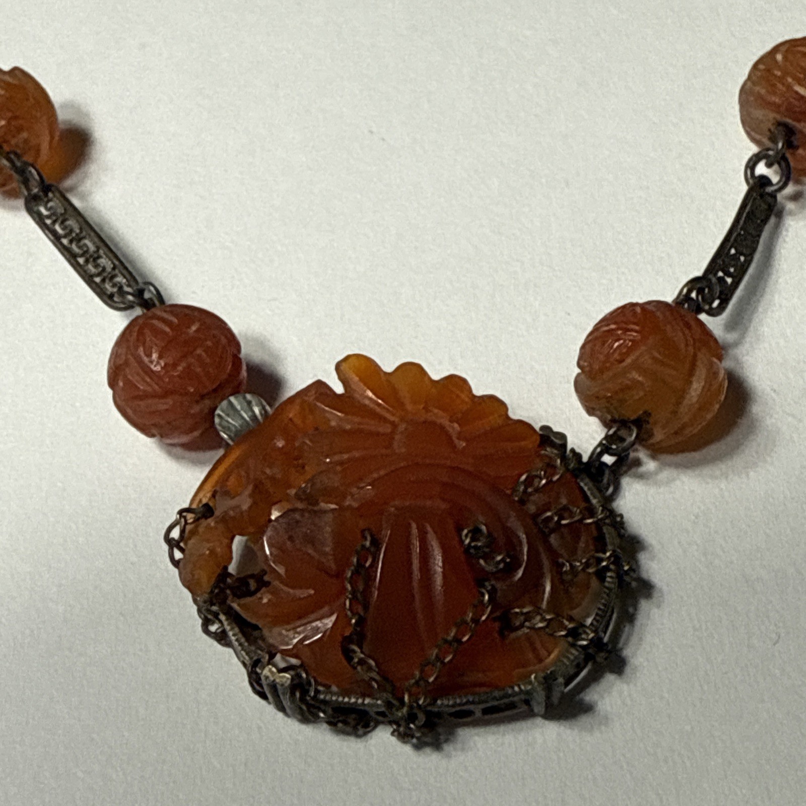 VTG Antique Chinese Carved Carnelian 15.5” Sterling Choker Necklace TLC