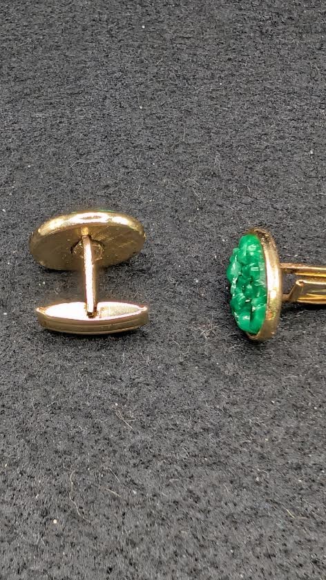 Vintage Jadeite Pair Green Glass Cufflinks Gold Tone Oval