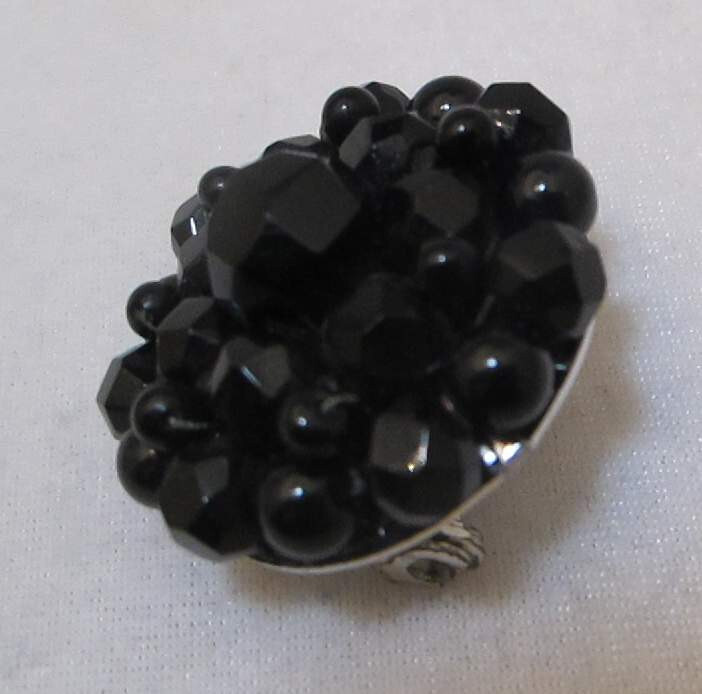 Vtg Black Faceted & Round Glass Beads Cluster Brooch No Metal on Front