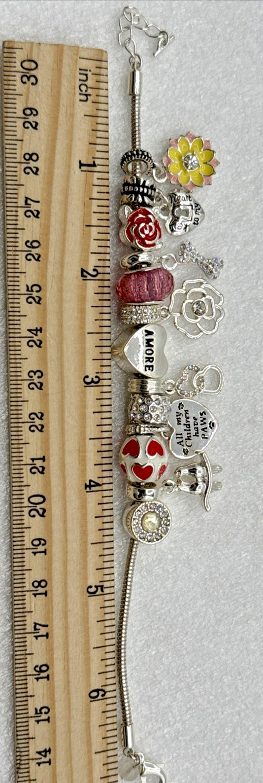 Silver Tone Snake Chain Charm Bracelet 6.5” – 13 Charms Pets Flowers Hearts Love