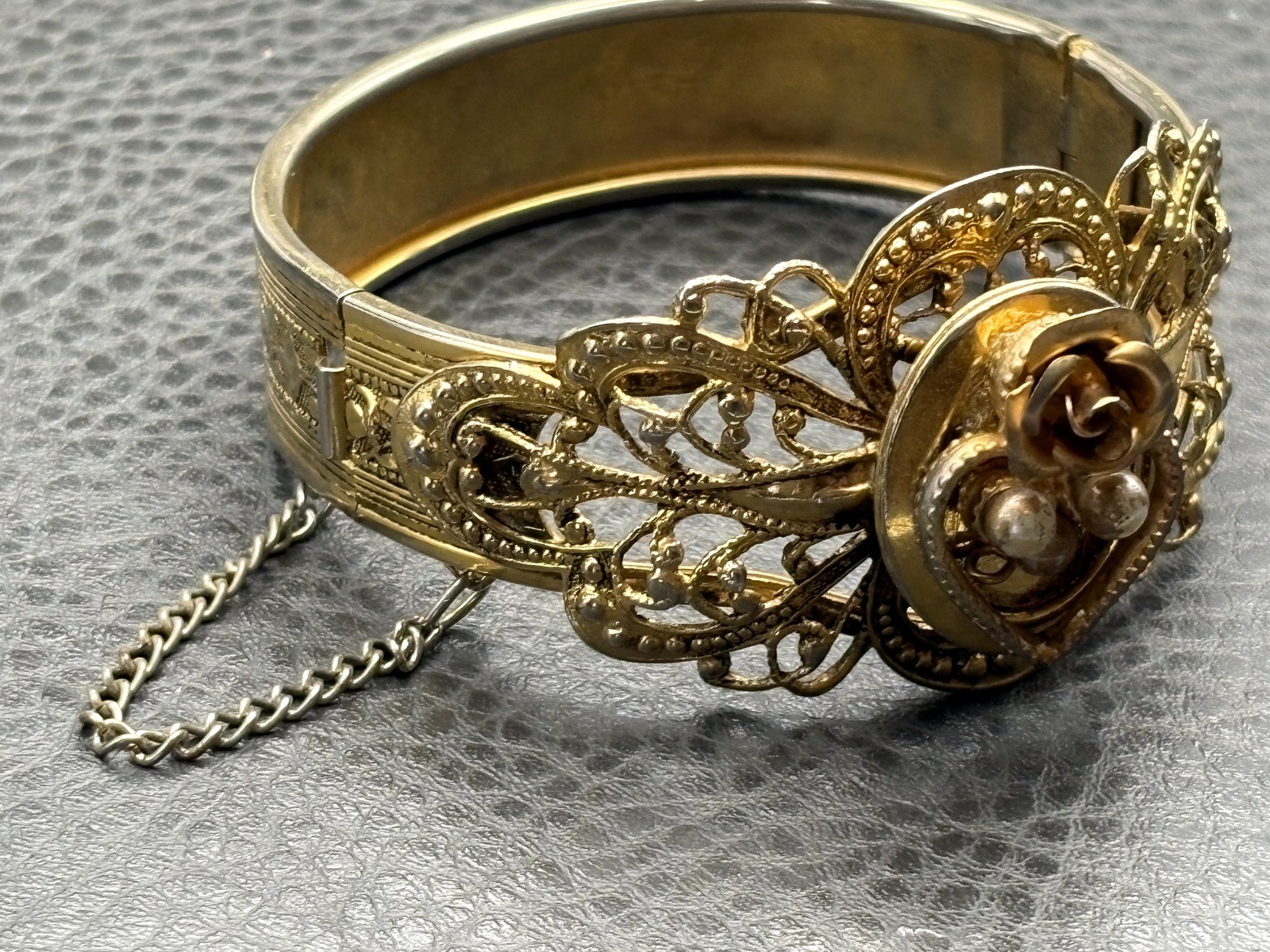 Vintage Gold Tone Filigree Bangle Bracelet Pearl Accents Rose Motif Hinged