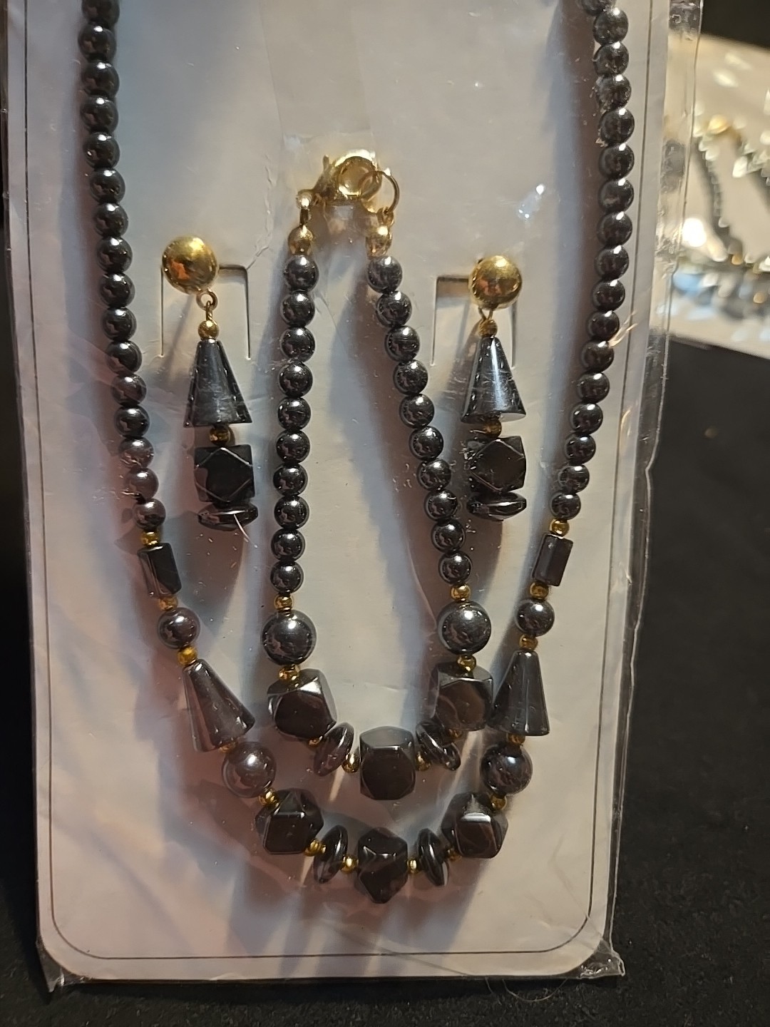 Vtg Hematite Necklace Bracelet Earrings Set Healing Peace Lot Fashion Jewelry