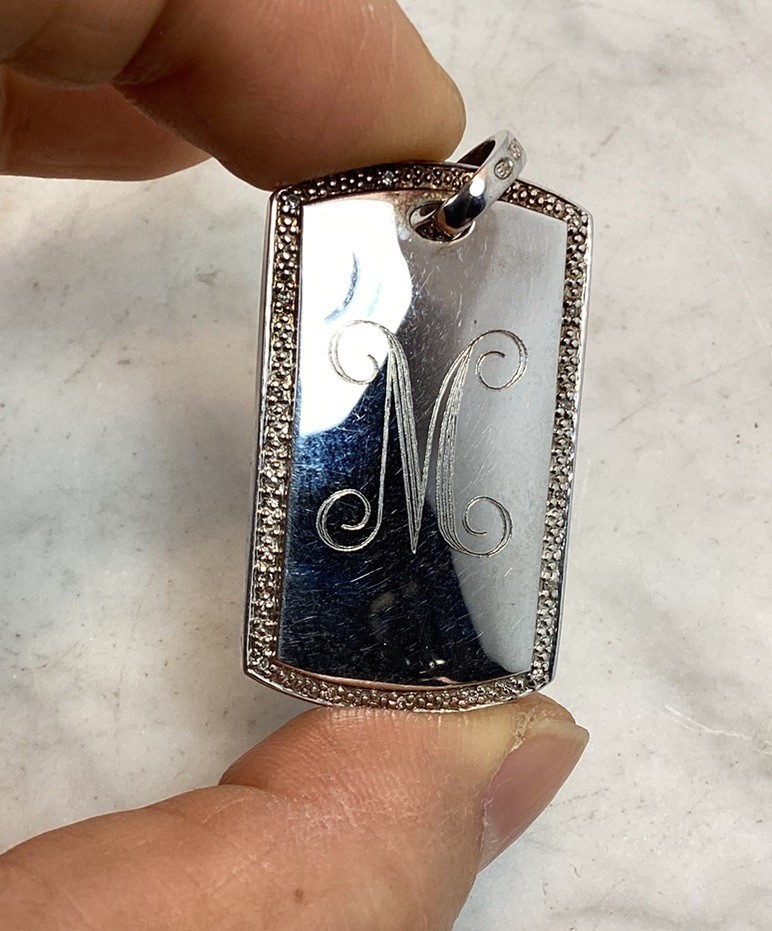 Vintage 925 Sterling Silver CZ Initial M Dog Tag Pendant