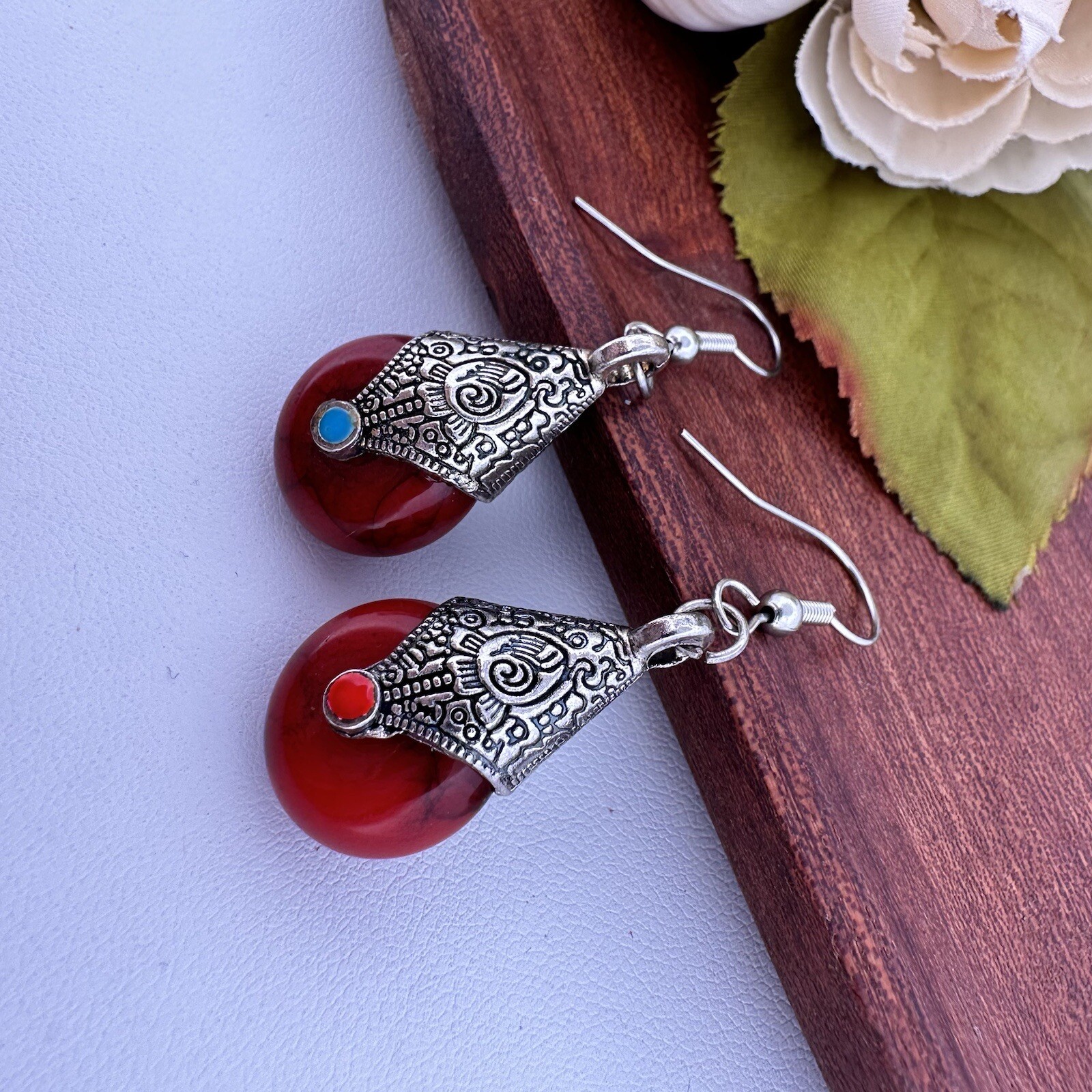 VINTAGE ~ SILVER TIBETAN RED BEAD EARRINGS ~ TURQUOISE BOHO ETHNIC PIERCED HOOKS