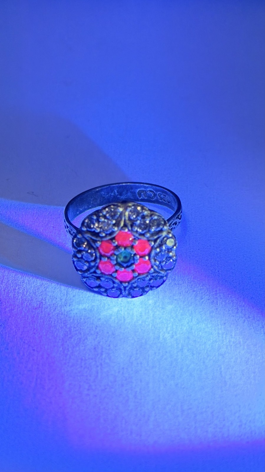Estate Art Deco Style Ruby Red, Emerald Green, Diamond Cut Quartz Floral Ring