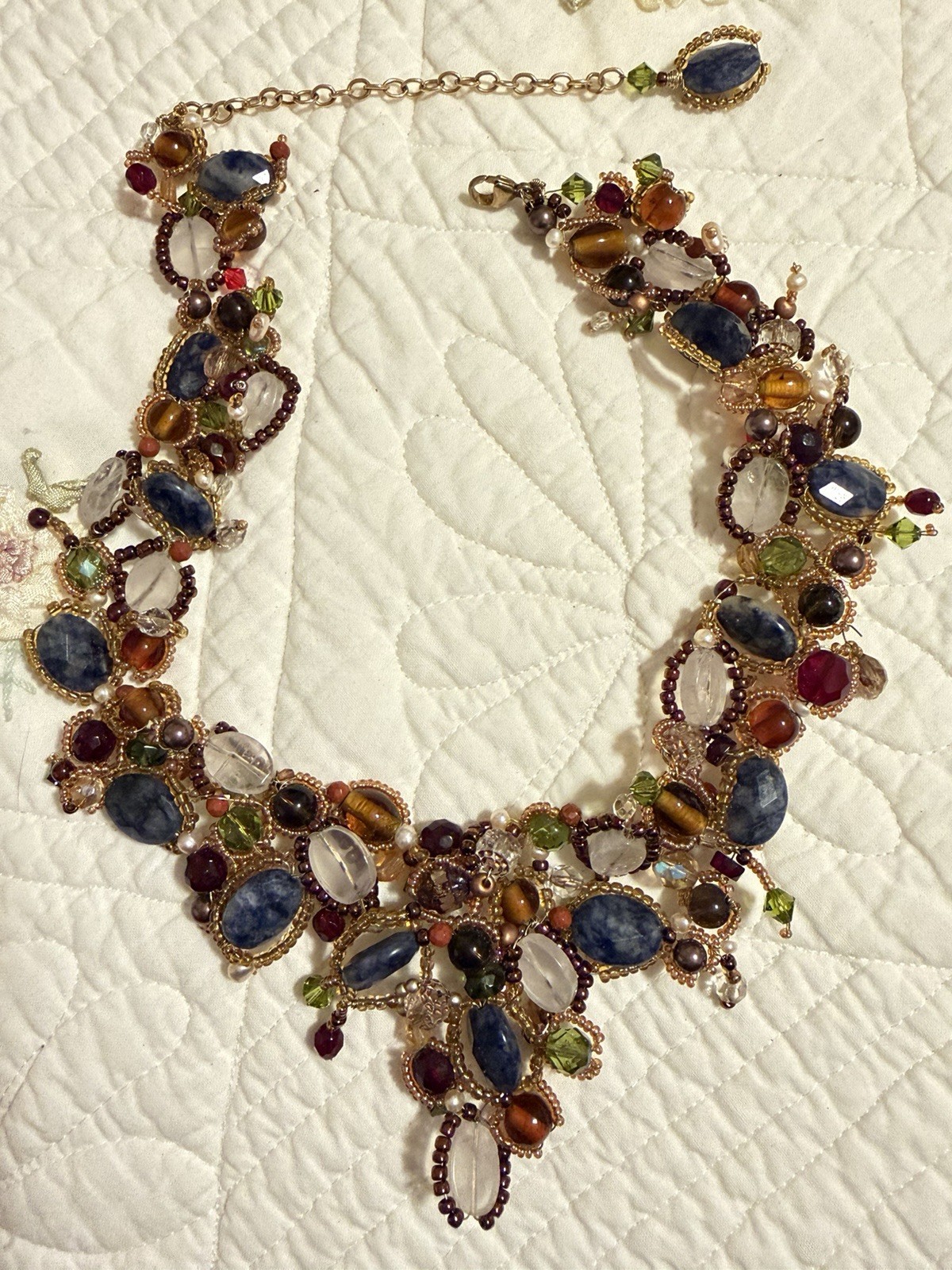Vintage Unique Smoky Gem Beaded Handmade Choker Bib Statement Jewelry Necklace