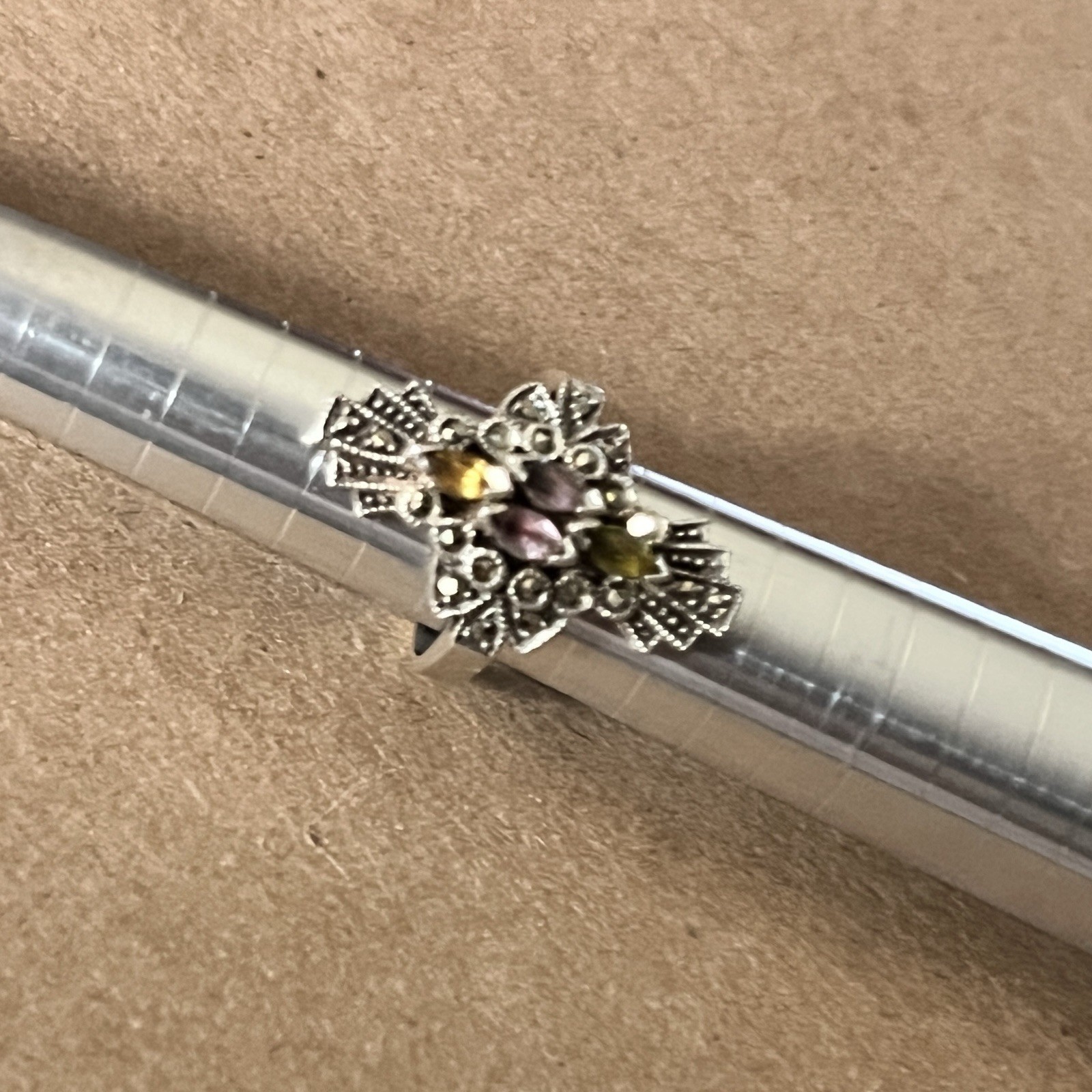 Vntg Sterling Silver Amethyst Sapphire Tourmaline Topaz & Marcasite Ring Size 6