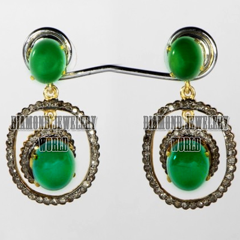 2.05ctw Rose Cut Diamond Emerald Studded Silver Vintage Gorgeous Earring Jewelry