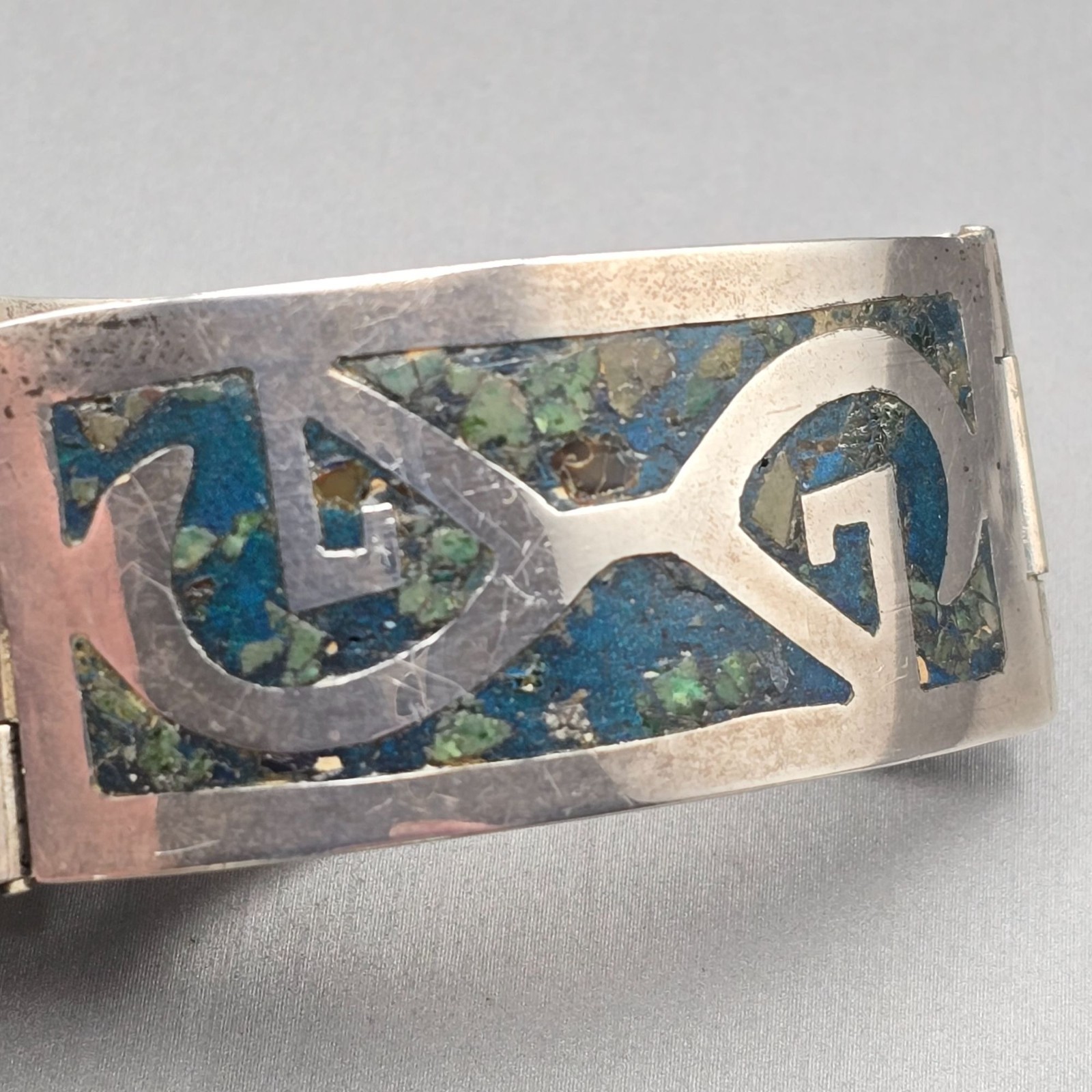 Vintage Taxco Sterling Silver Turquoise Inlay Bracelet 7″ Eagle 3 Signed AMD 30g