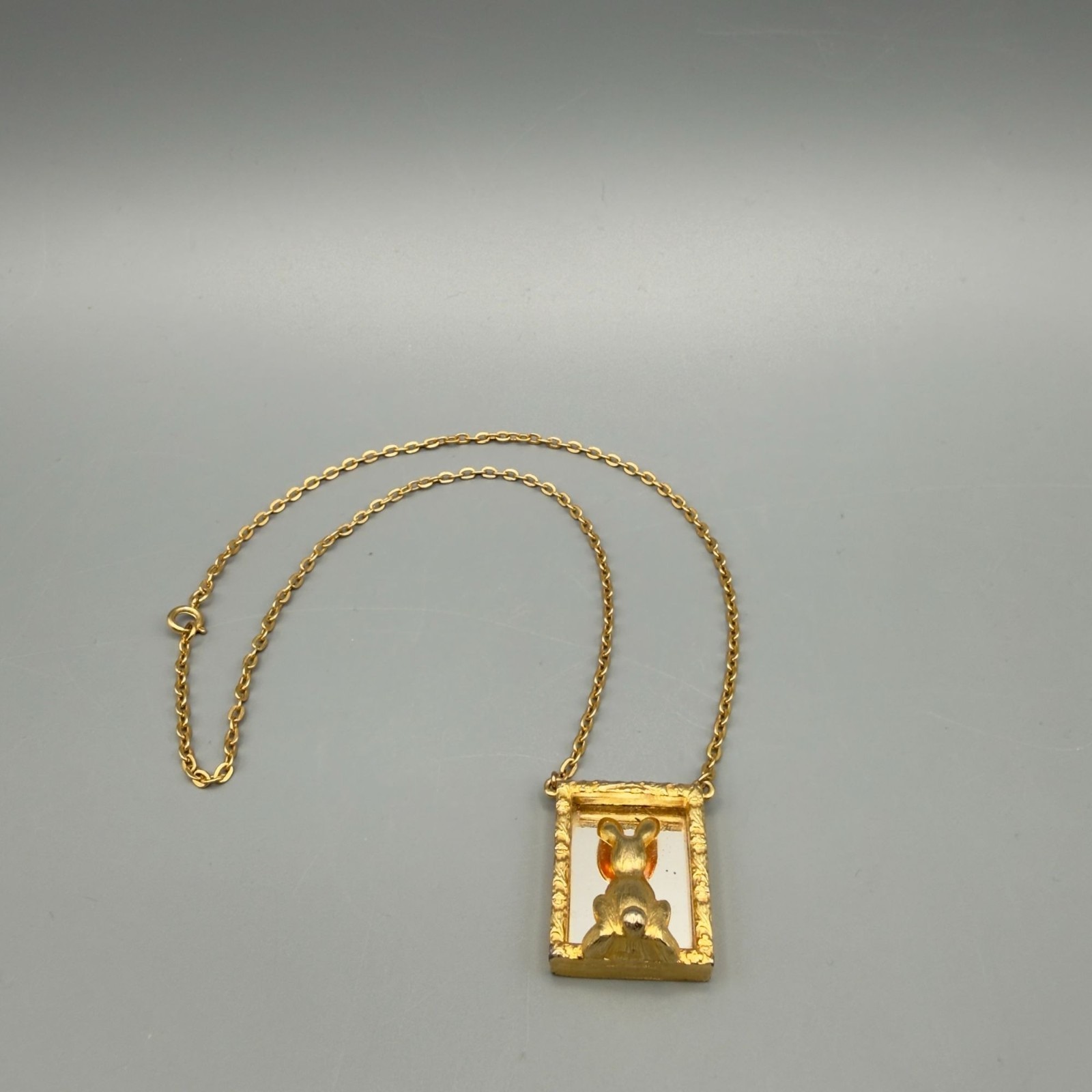 Vintage JJ Rabbit Looking In The Mirror Gold Tone Necklace Easter Spring 16″
