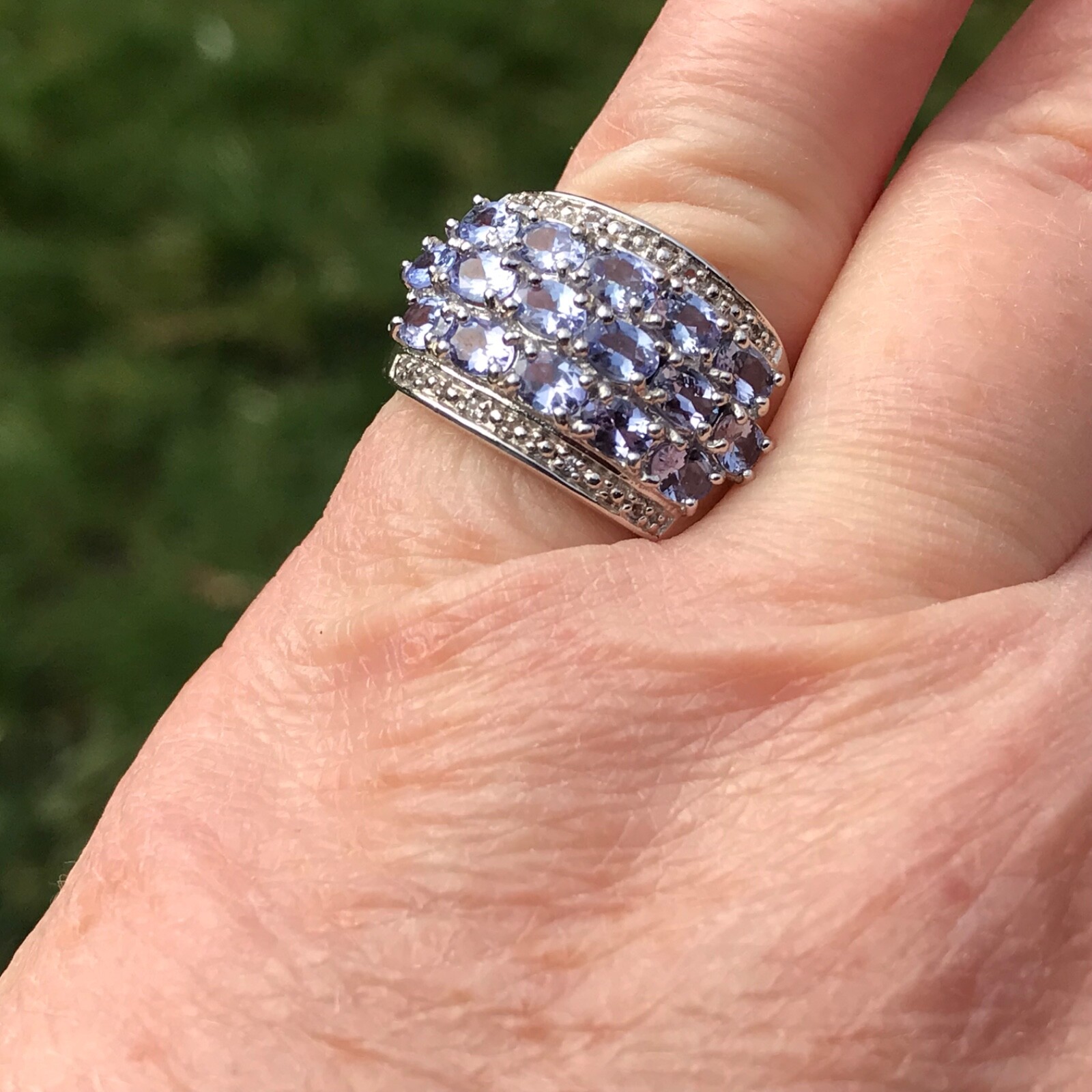 TANZANITE Ring 925 Dome Sterling Silver Cluster 3 row Faceted Zircon SGR VTG sz7