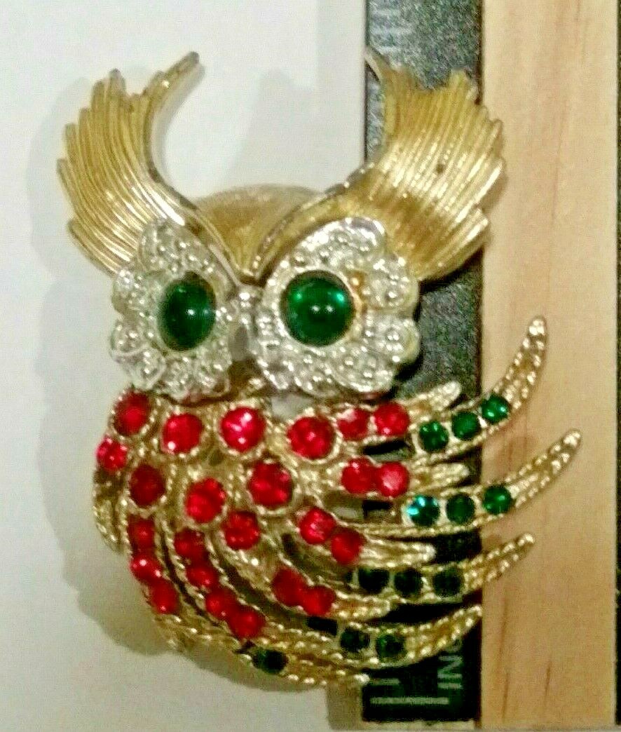 Vintage Great Horned Owl Brooch Pin Rhinestone Adorned Costume Estate Jewelry