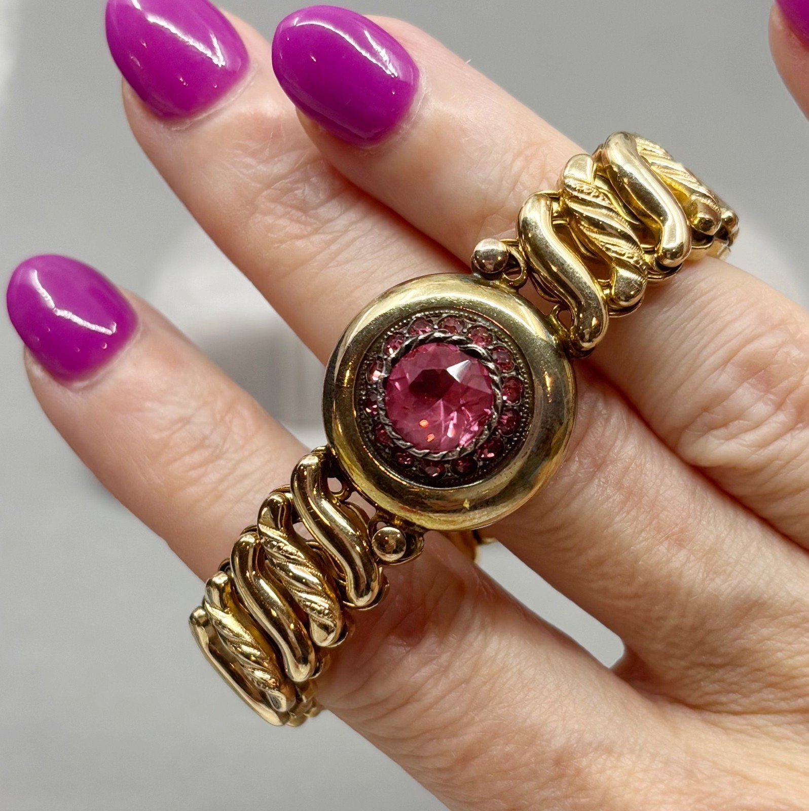 Carmen Gold Filled Sweetheart Bracelet Pink Rhinestones Retro DFB Co USA