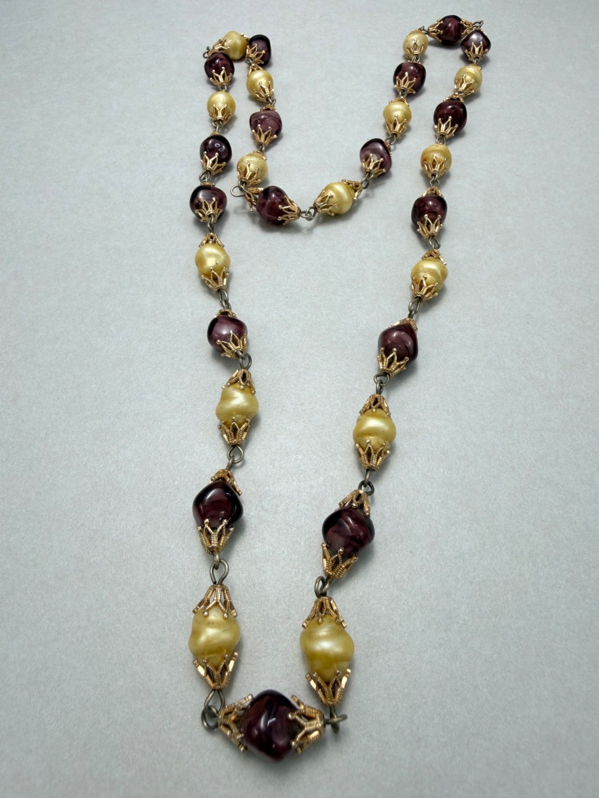 Stunning Amethyst Glass & Baroque Imitation Pearl Necklace Gold Tone 31”