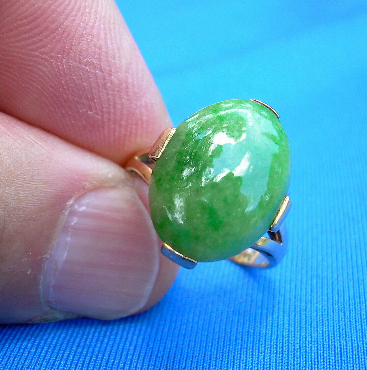Original EARTH MINED Green Jadeite JADE Deco Engagement Ring 14K GOLD Solitaire