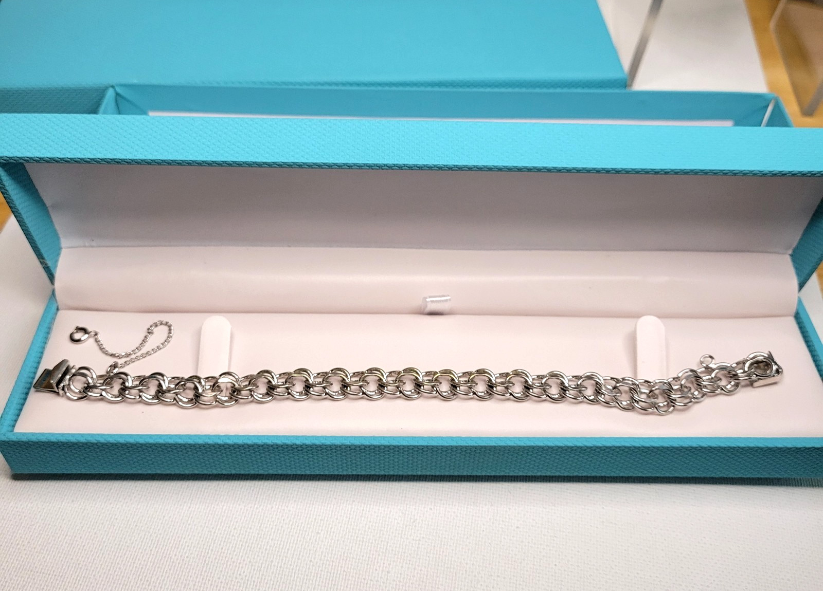 Vtg JB Jacoby Bender STERLING Silver Double Link Charm Bracelet Unused 7.5 16.5g