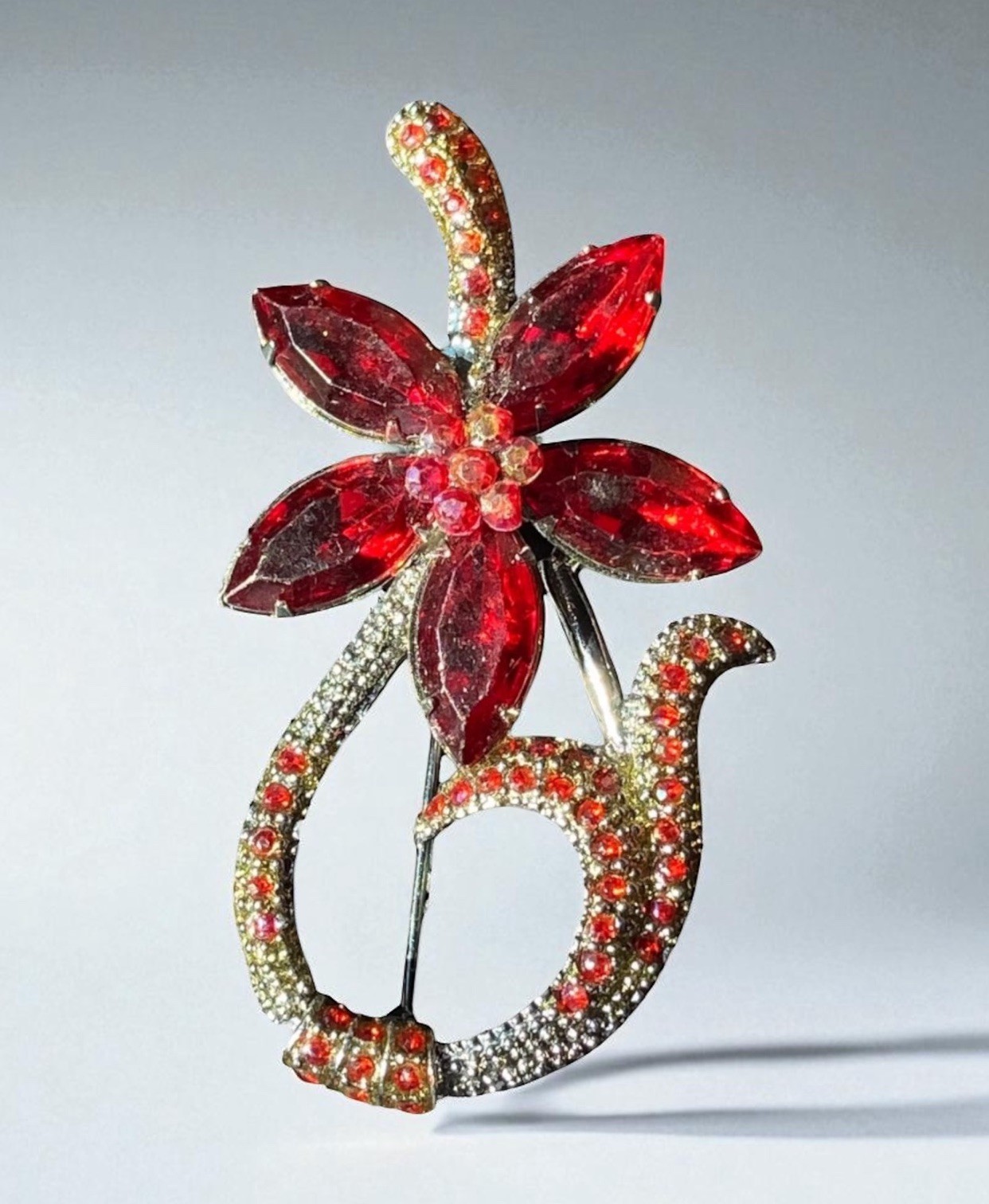 Vintage Red Garnet Brooch Flower Floral Silver Tone Bouquet Pin Leaves 2 in