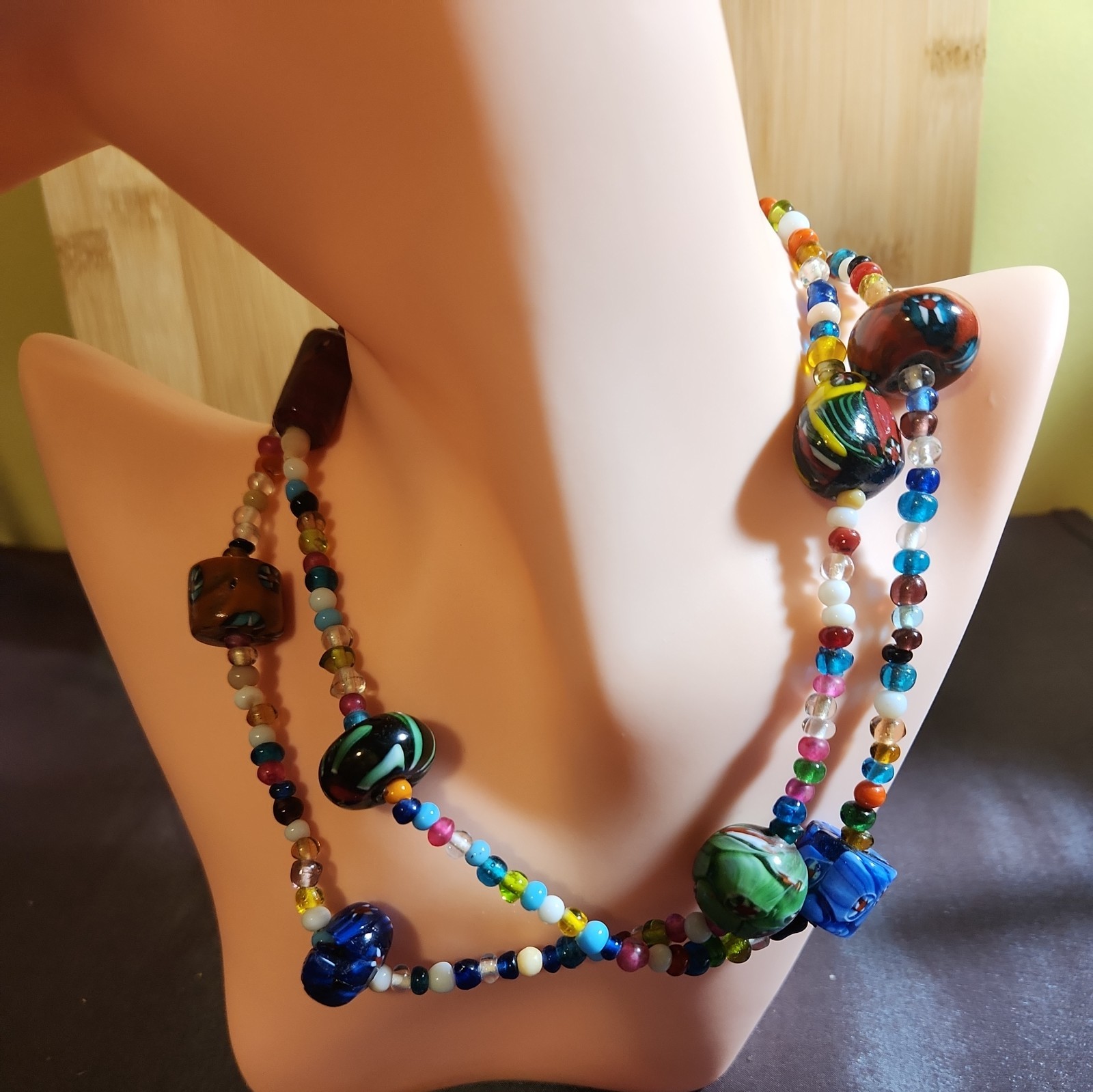 VINTAGE MURANO ART GLASS MILLEFIORI ROUND BEAD MULTI COLOR NECKLACE 30″ LONG
