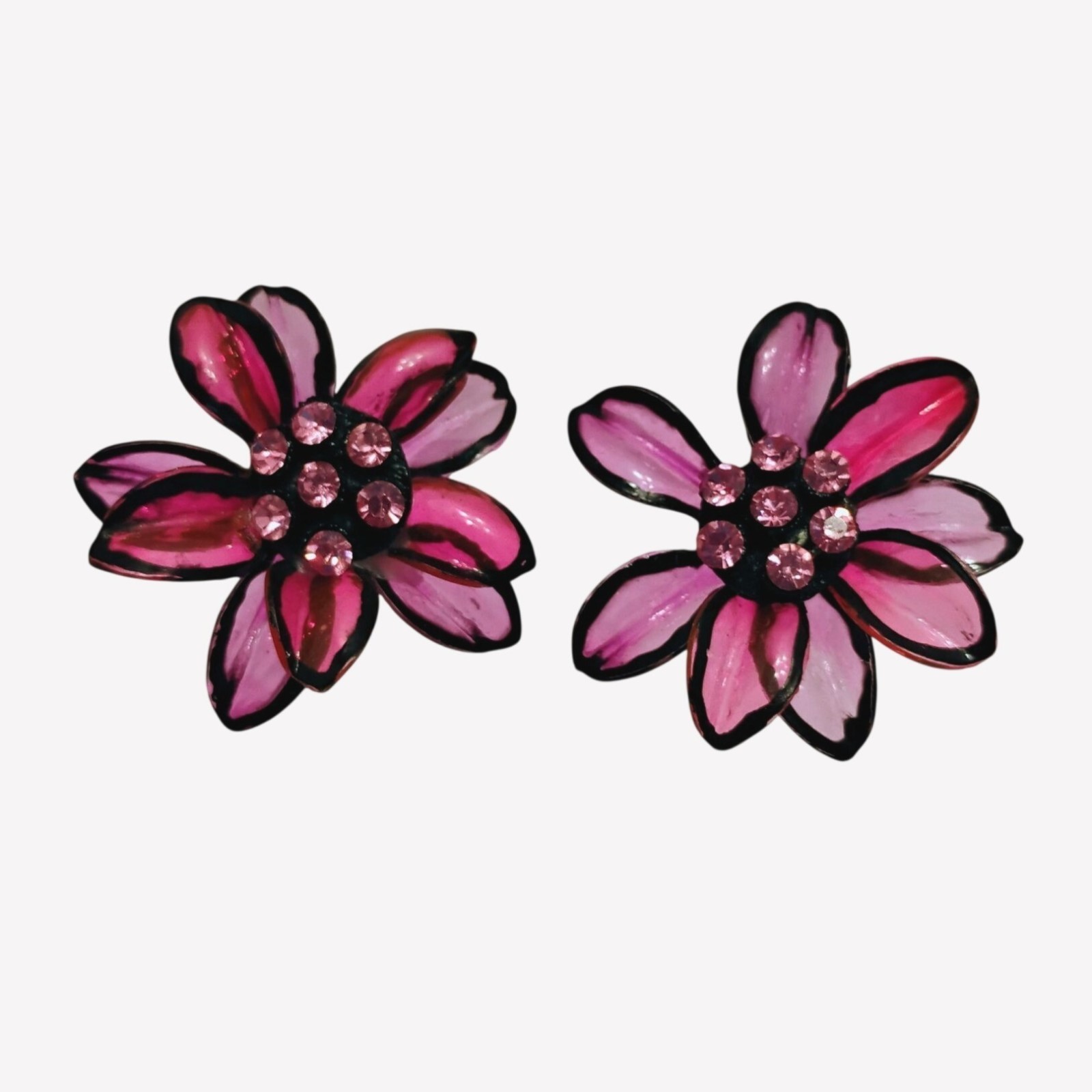 Vtg Fuschia Pink Purple Cellulose Acetate Rhinestone Flower Clip Earrings – READ