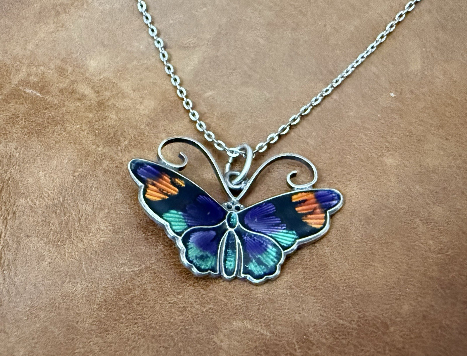 David-Andersen 925S Multi-Color Guilloche Enamel Butterfly Pendant Necklace 18”
