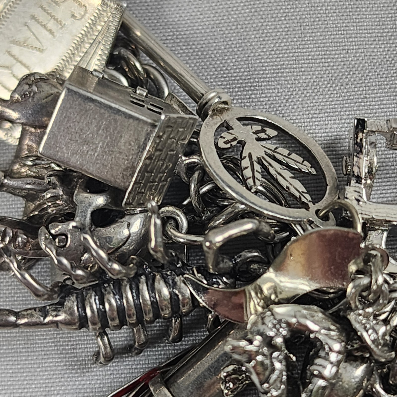 VTG Charm Bracelet 50+ Charms Sterling + Mixed Metals Movable Parts Estate Sale