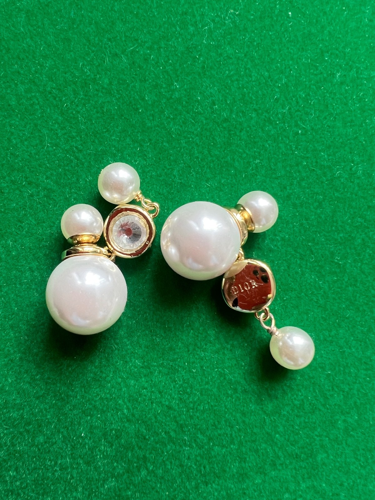 Vintage CHRISTIAN DIOR Gold Tone Crystal Faux Pearl Dangle Pieced Earrings