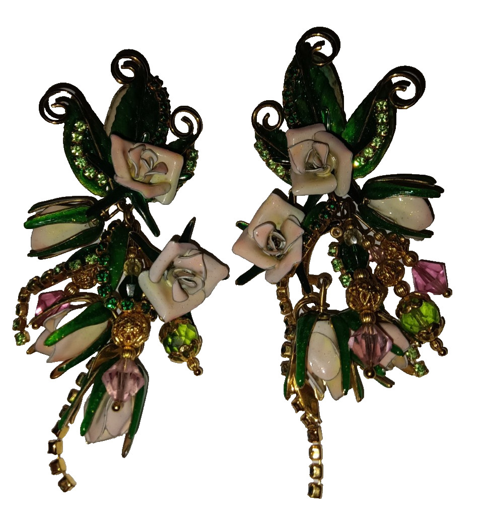 4″ Vtg 1980s Lunch at Ritz Enamel Rose Flower Rhinestone Clip On Dangle Earrings