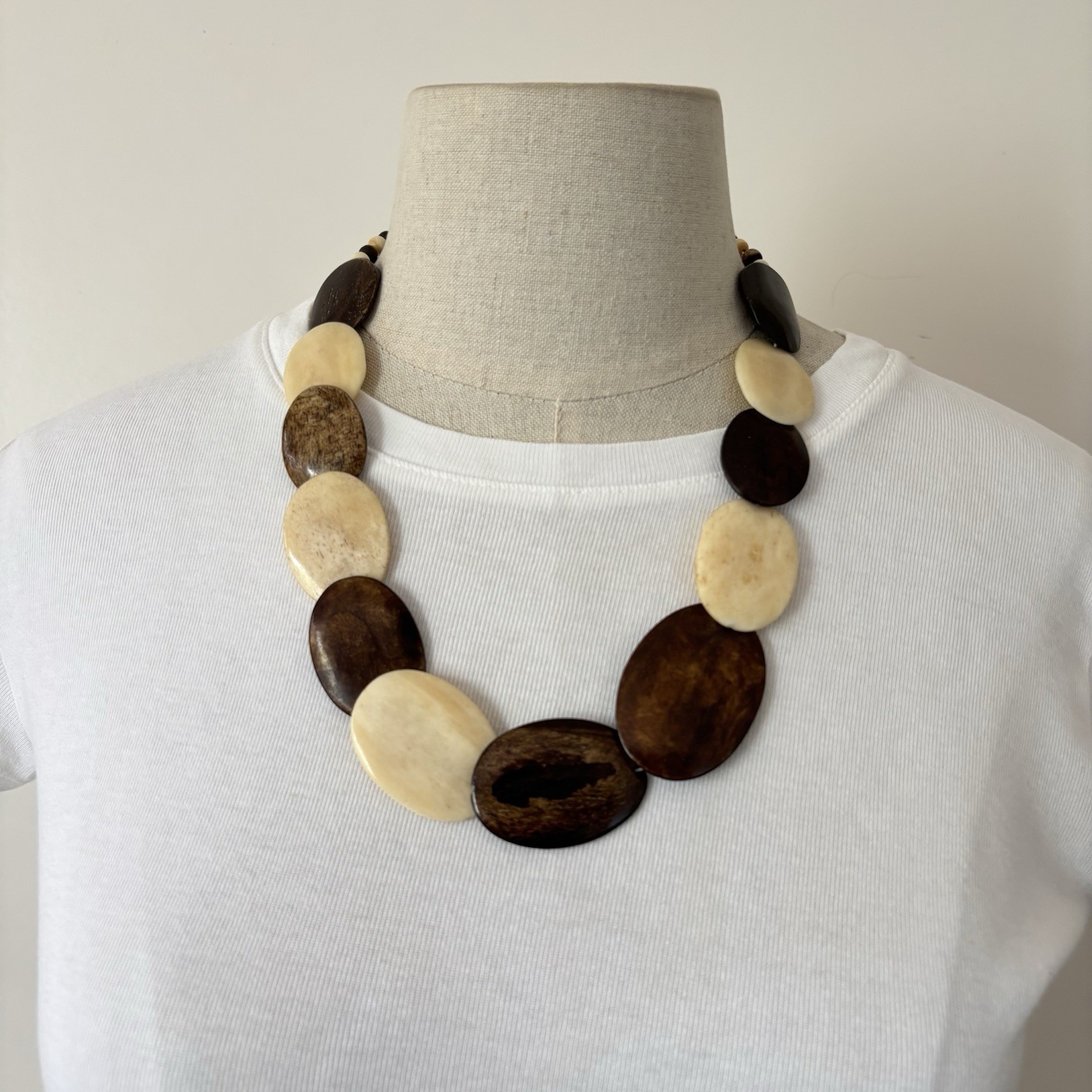 Vintage Bone & Wood Necklace Handmade Graduated