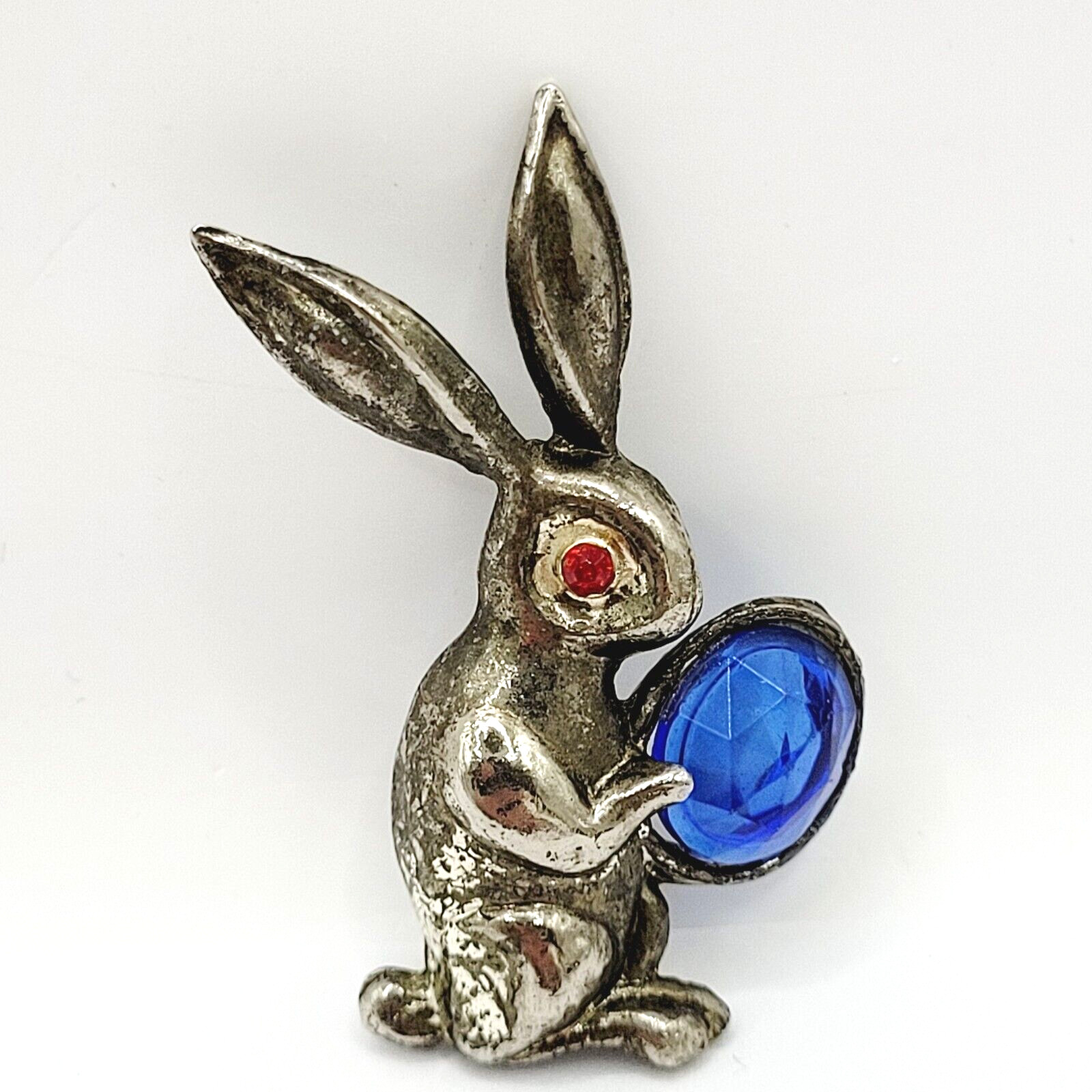 Rabbit Bunny Holding Blue Faceted Egg Silver Tone Vintage Brooch Pin Distressed