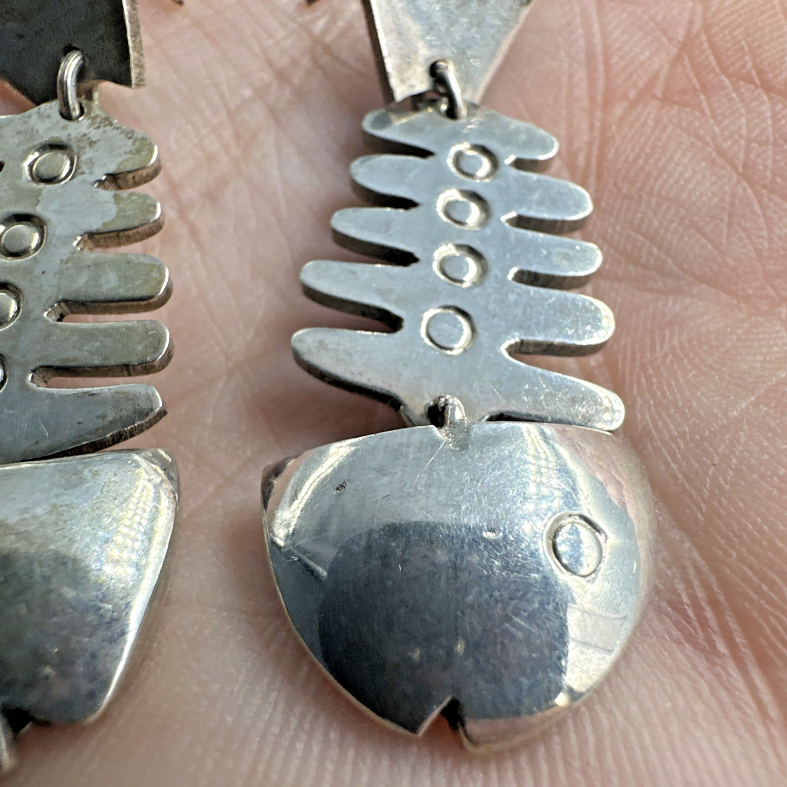Vtg Taxco Sterling Silver Articulated Skeleton Bone Fish Dangle Earrings 15.9g