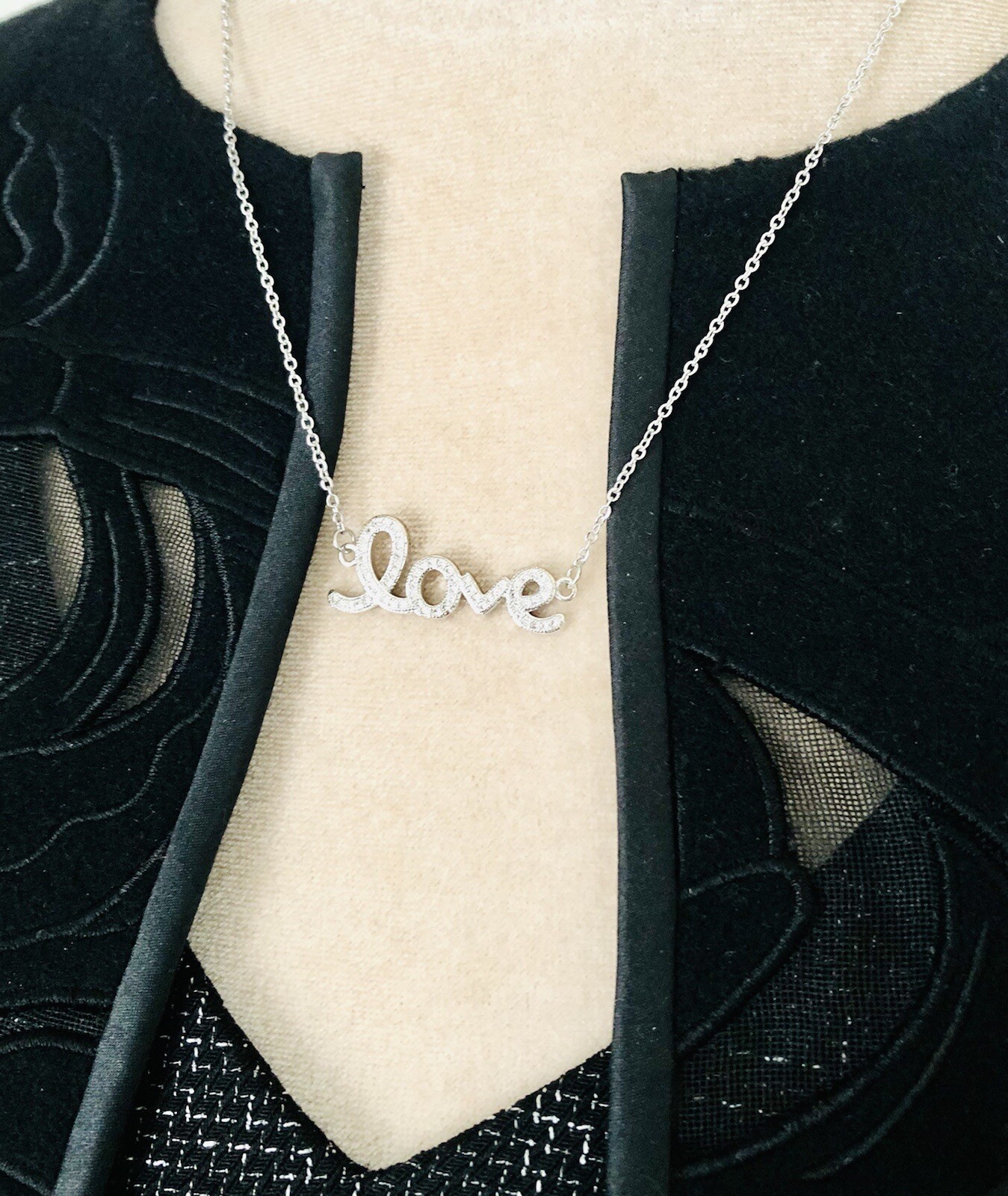 Dainty Rhinestone Love Cursive Word Pendant Necklace Silver Tone Adjustable 21”