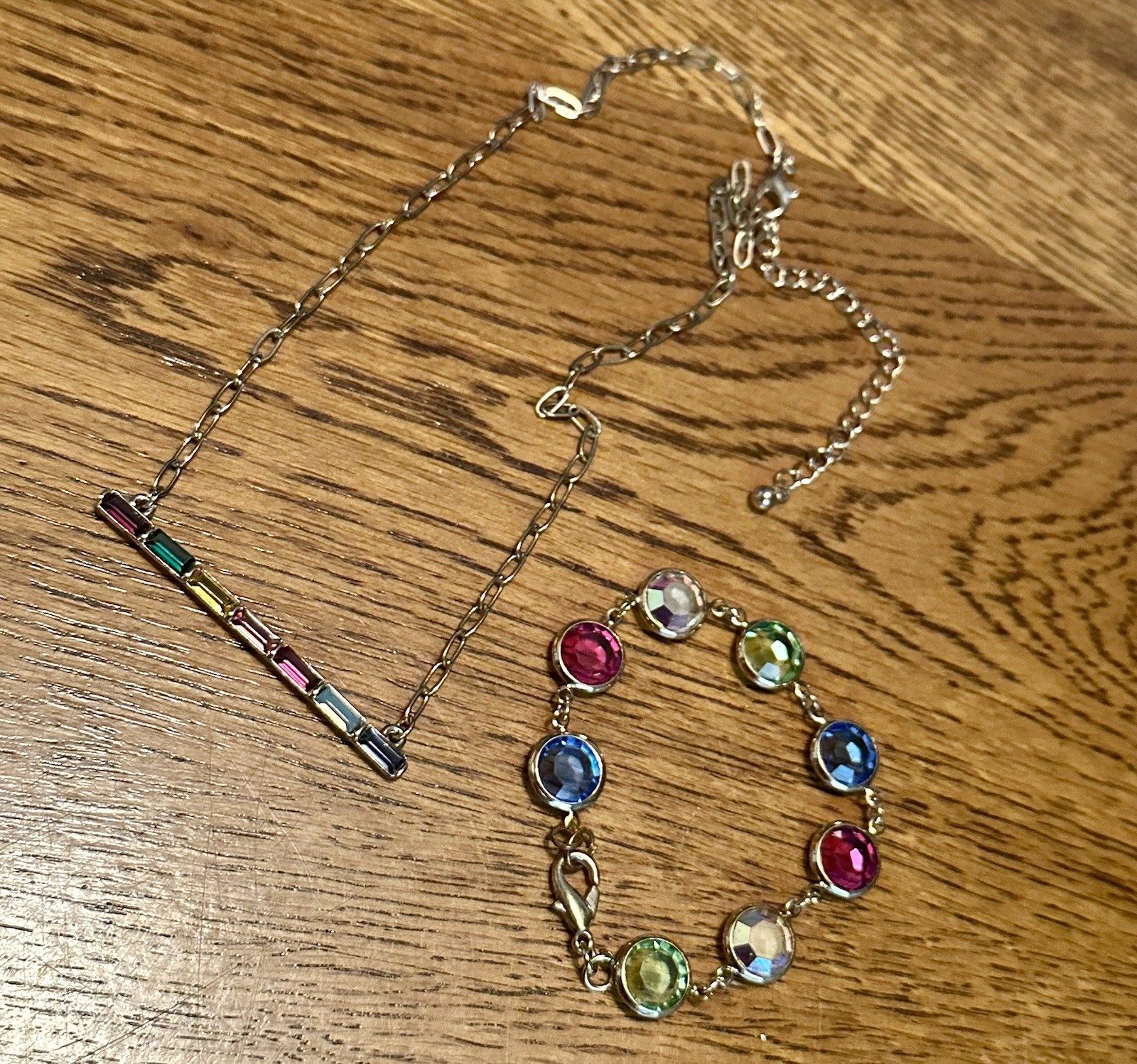 Vintage Gold Tone Multi Color Rhinestones Bar Paperclip Necklace & Bracelet