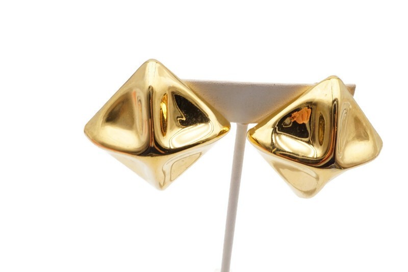 Vintage Clip On Earrings Gold Tone Pyramid Chunky
