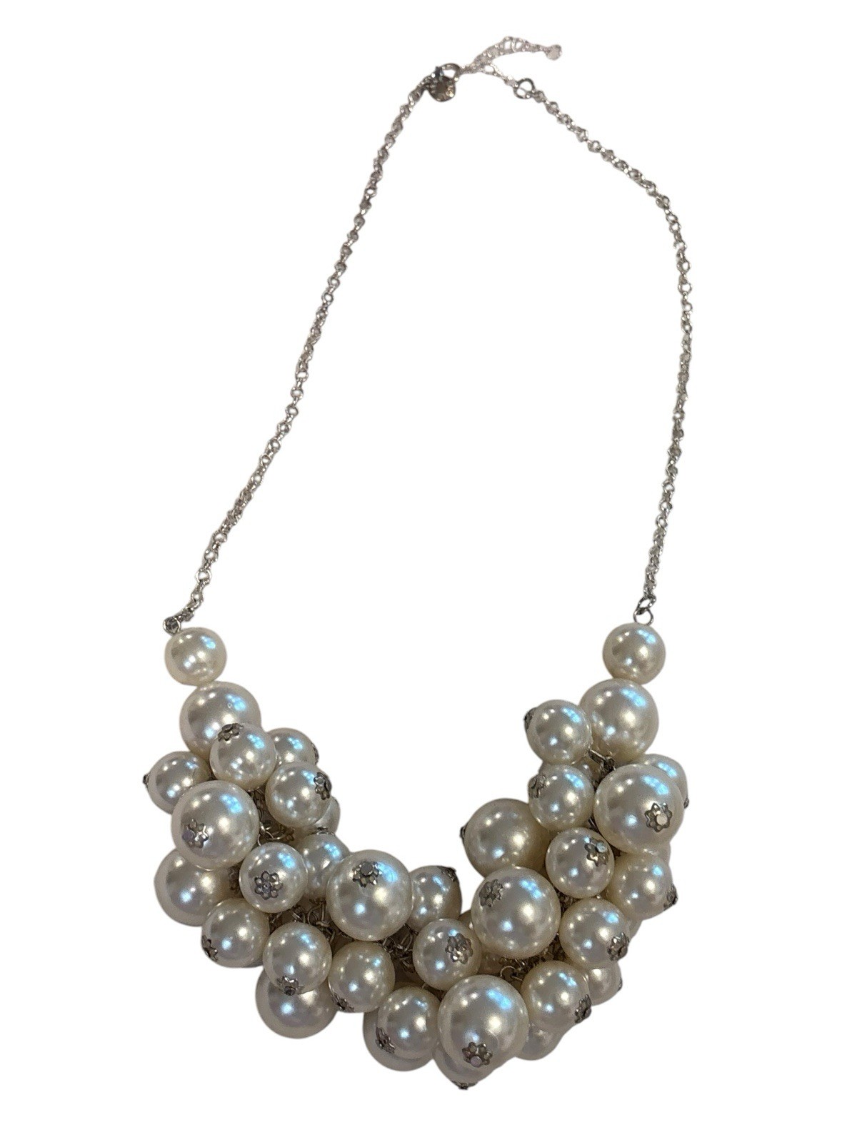 Chunky Faux Pearl Cluster Necklace 21″ Jane Stone Silver Tone Vintage