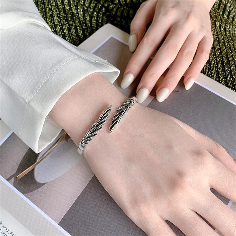 Retro Feather 925 Sterling Silver Open Bracelet, Thai Style Trendy Wings Design