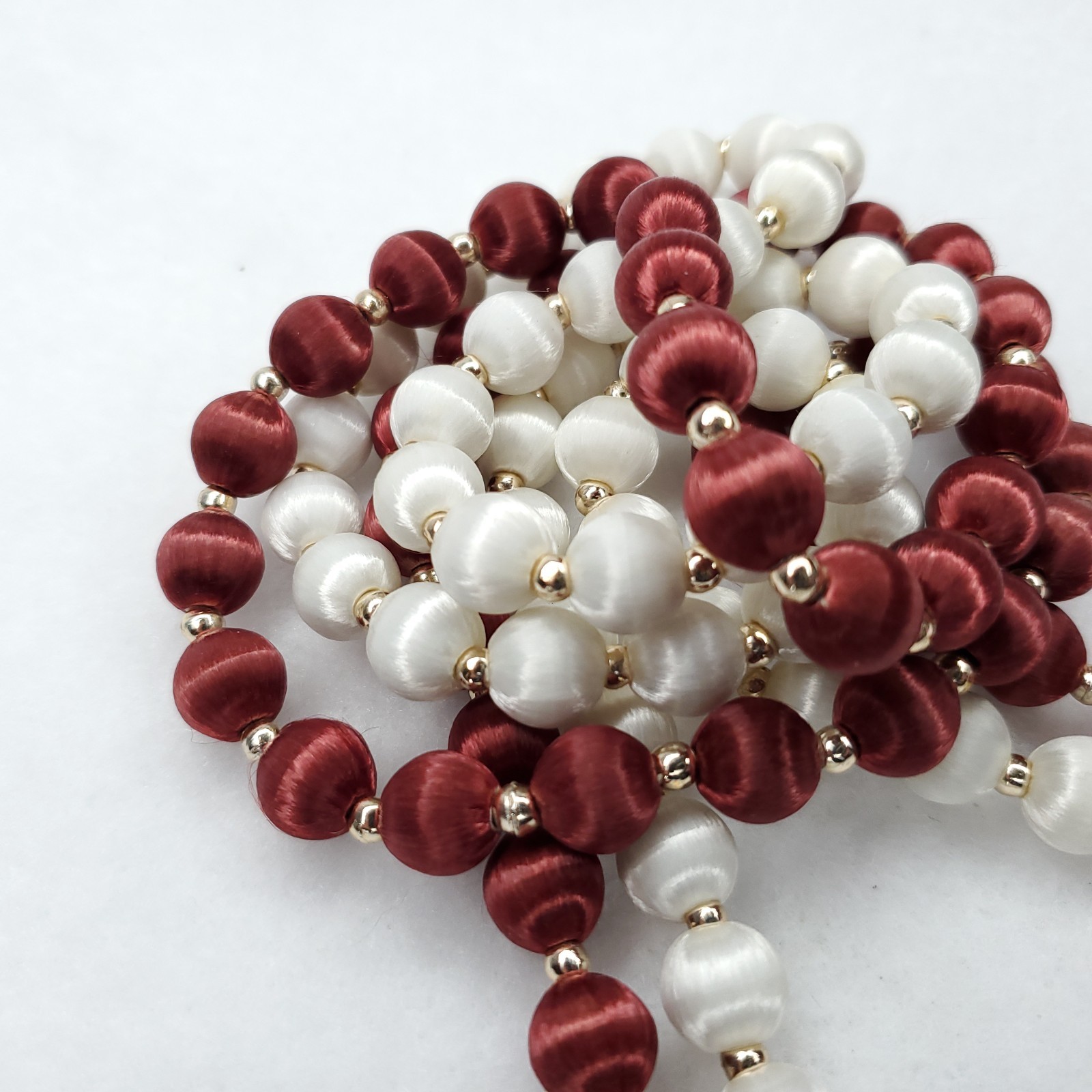 Vintage Satin Beaded Necklace White Burgundy Red Gold Tone 29″ 32″