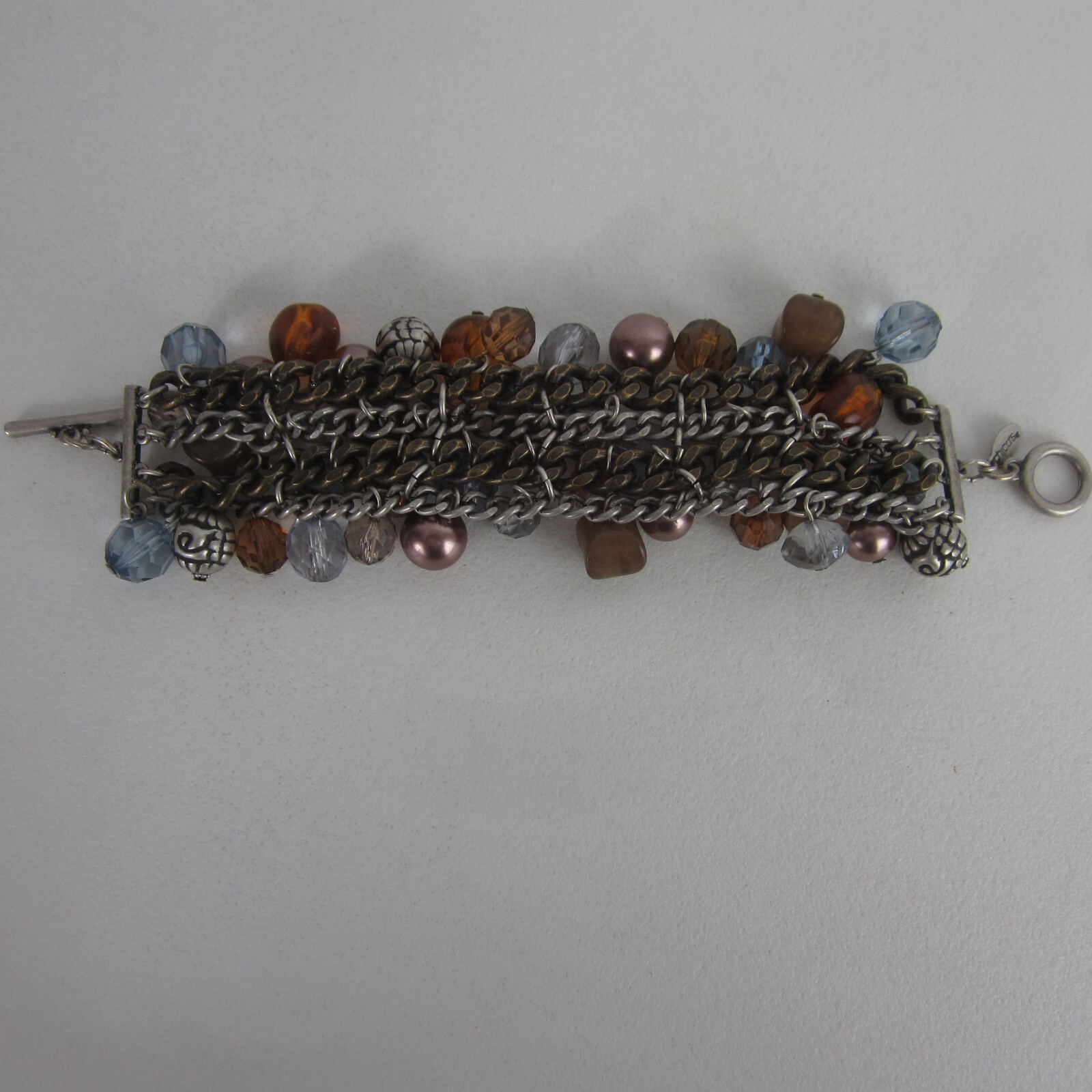 Chicos Charm Bracelet Amber Blue Mauve Purple Antique Silvertone Multiple Beads
