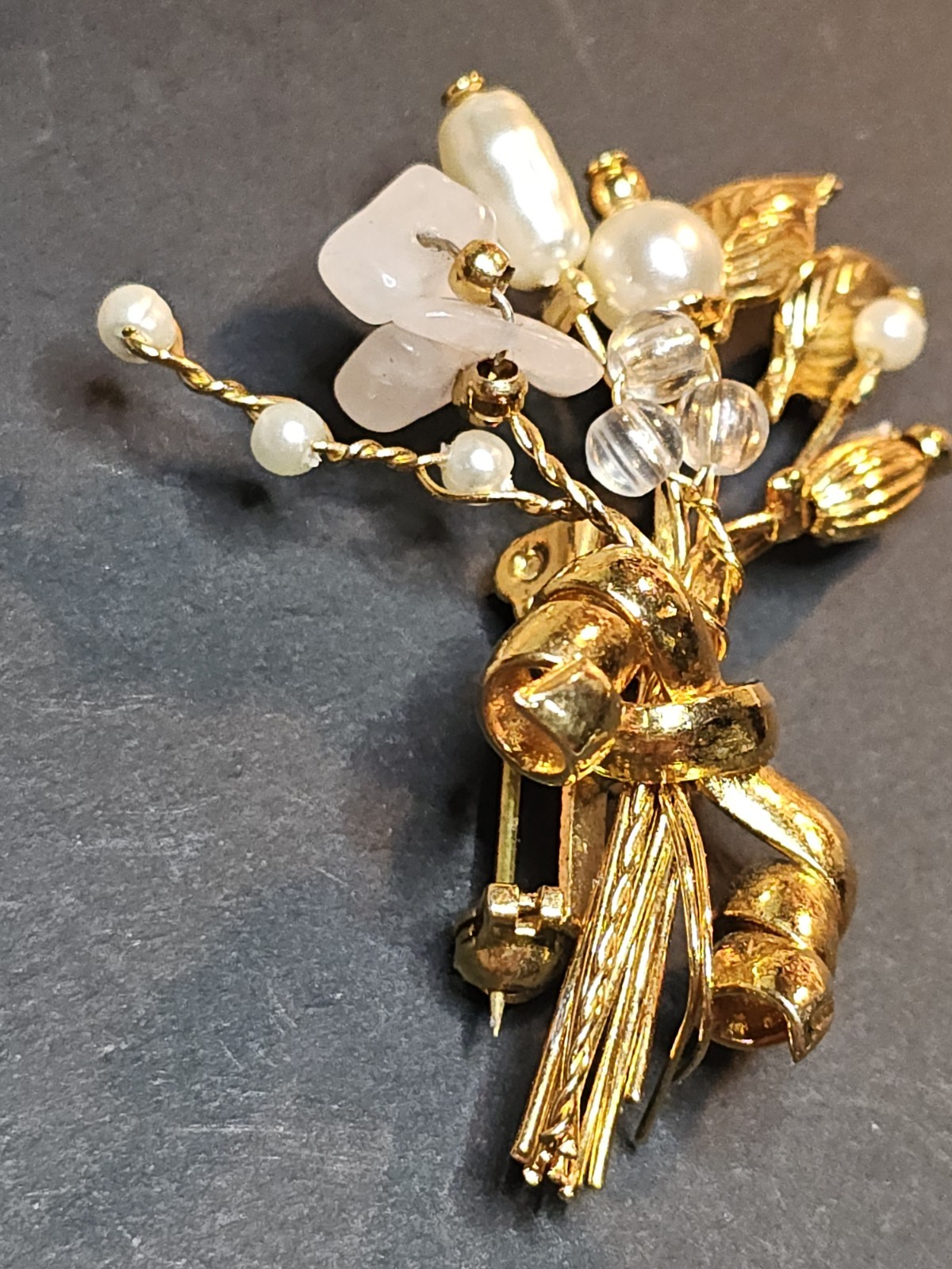 Vintage Floral Spray Brooch Gold tone Faux Pearls Pink Stone Chips Delicate Pin