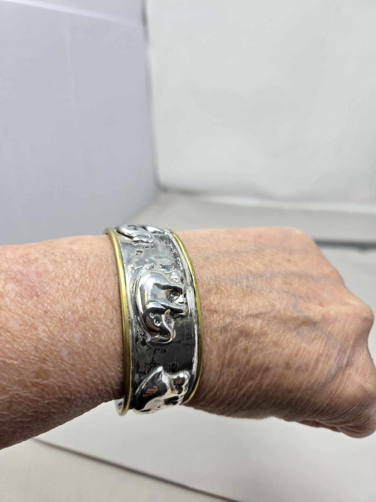 Taxco Sterling Silver Mexico Vintage 2 Tone Elephant Cuff Bracelet Good Luck 30G