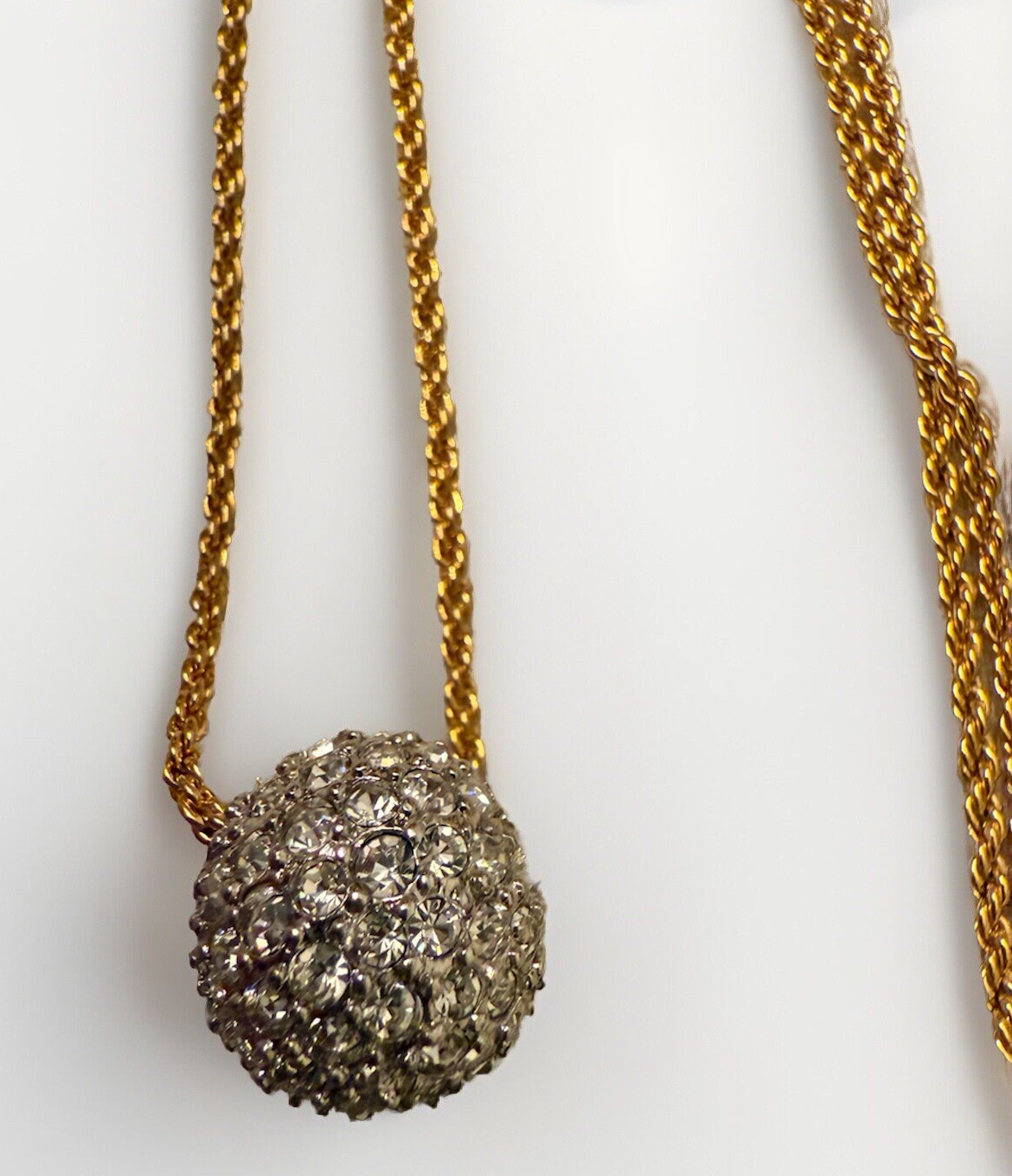 Vtg.Rhinestones Bead Necklace Sliding Single Bead on Ball Chain Gold Tone Metal