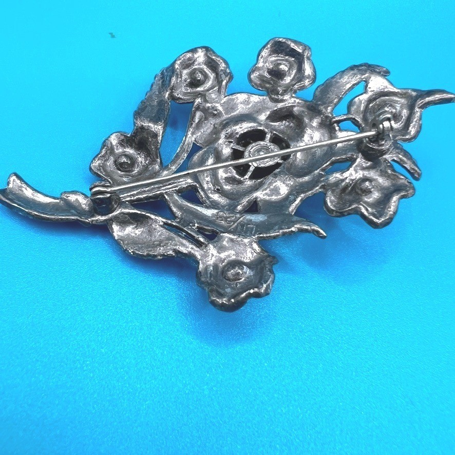 Vintage Little Nemo Large Pot Metal Brooch Blue Rhinestones Floral 3.25″ LN/25