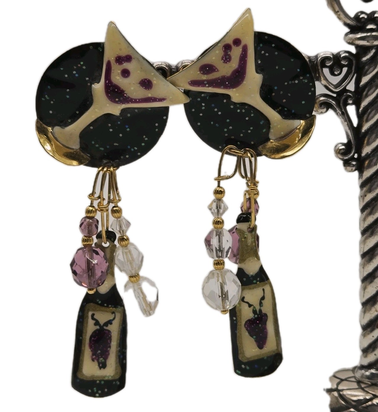 Lunch at The Ritz Champagne Brunch Pierced Earrings Hand Signed Rare Vintage