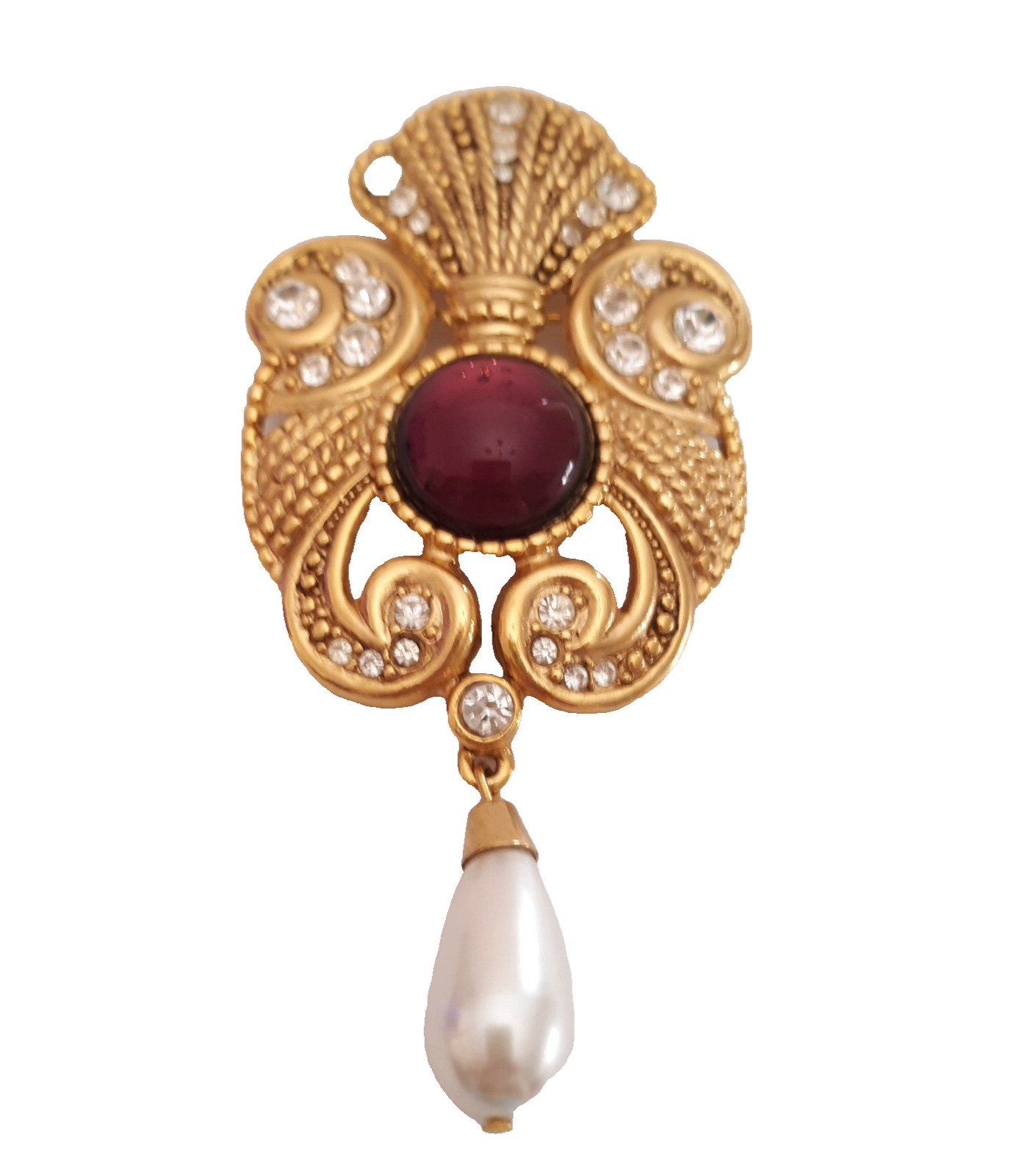 Vintage Jeff Lieb Brooch Large Ornate Cabochon Faux Pearl Teardrop Rhinestones