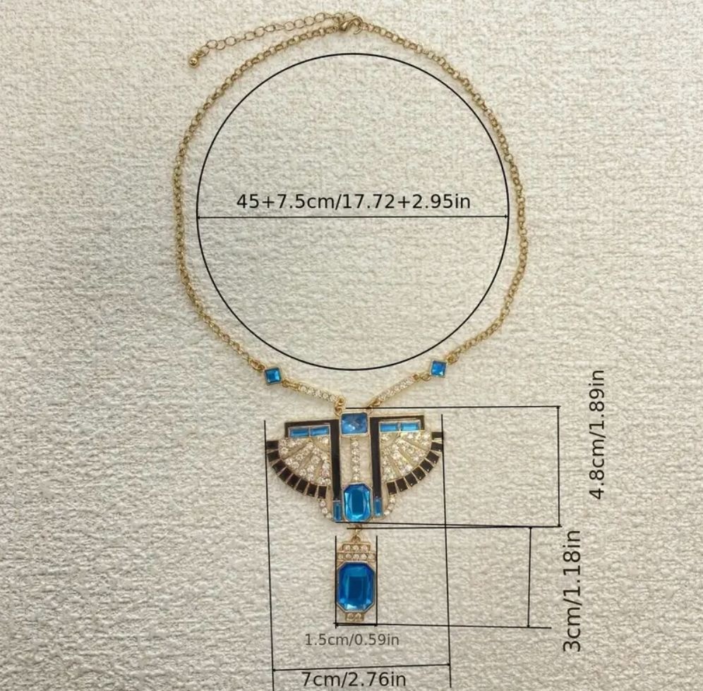 Art Deco Style Gold Tone Chain Blue Crystal Statement Necklace